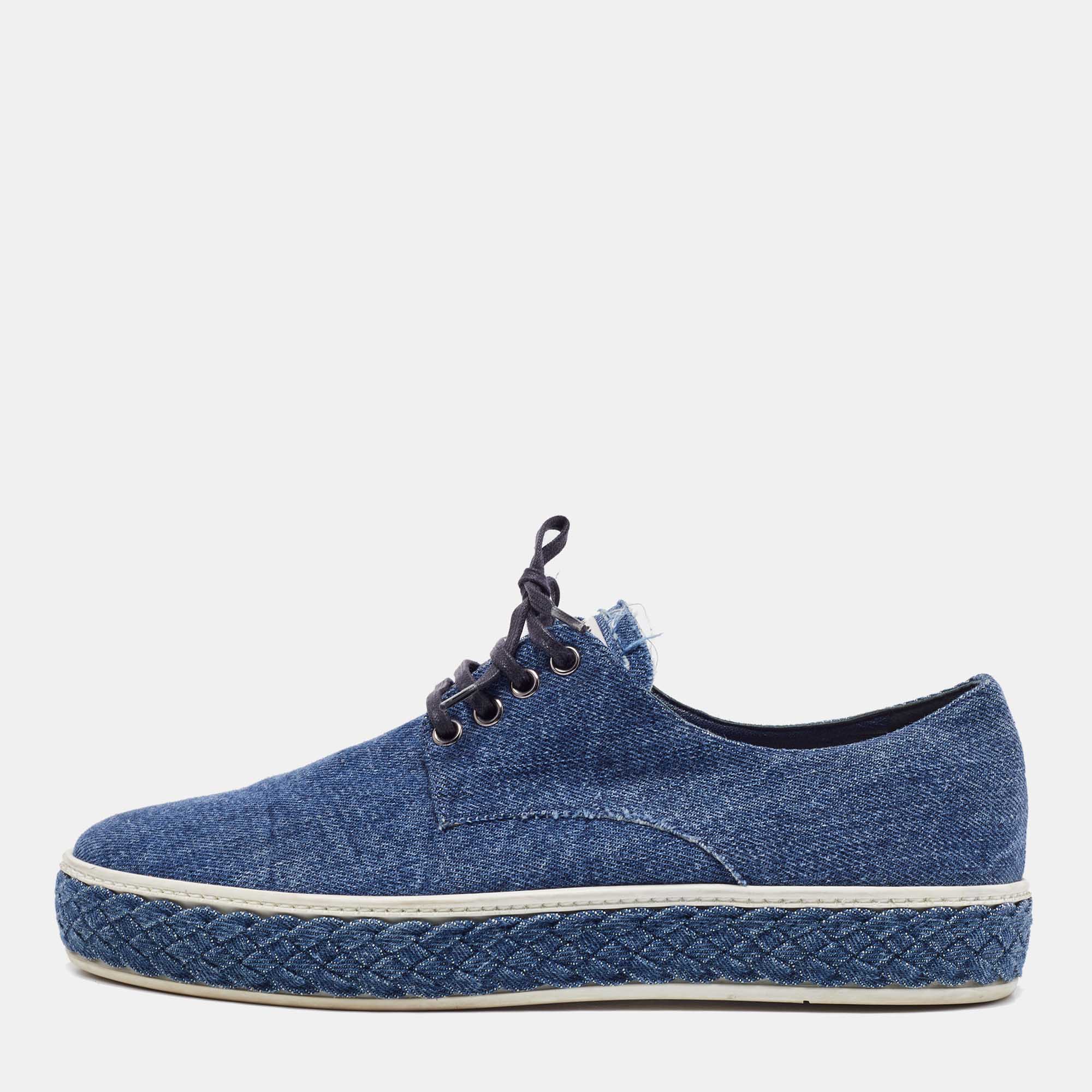 Miu Miu Blue Denim Low Top Lace Up Sneakers Size 37.5