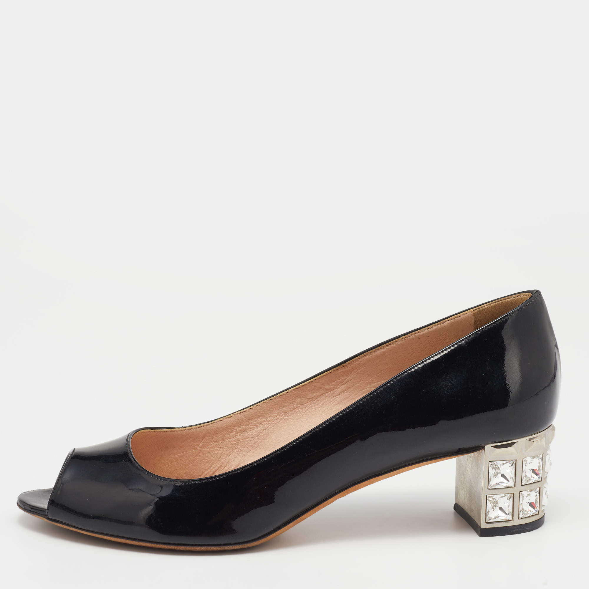 Miu Miu Black Patent Leather Crystal Embellished Block Heel Peep Toe Pumps Size 37