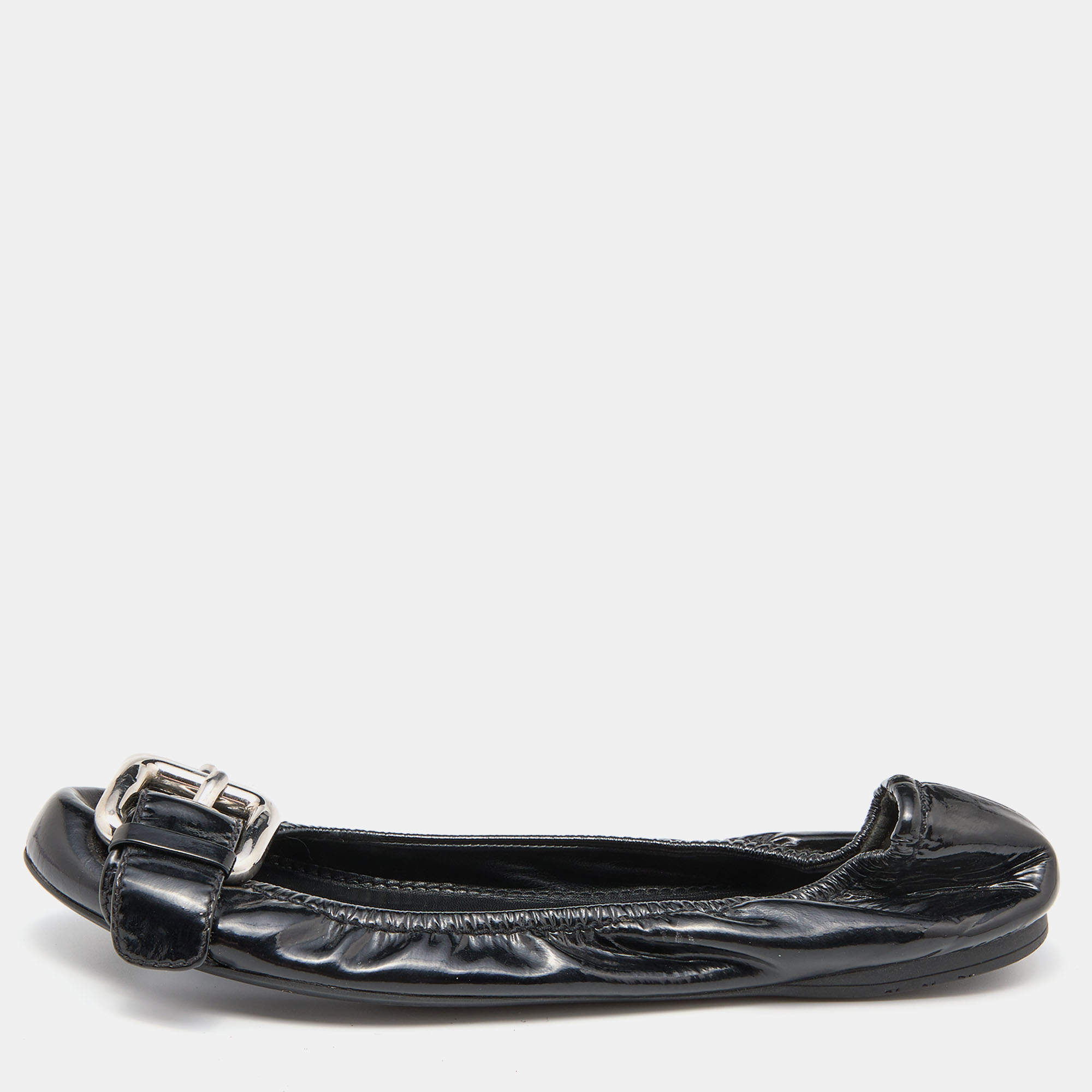 Miu Miu Black Patent Leather Scrunch Buckle Ballet Flats Size 38.5