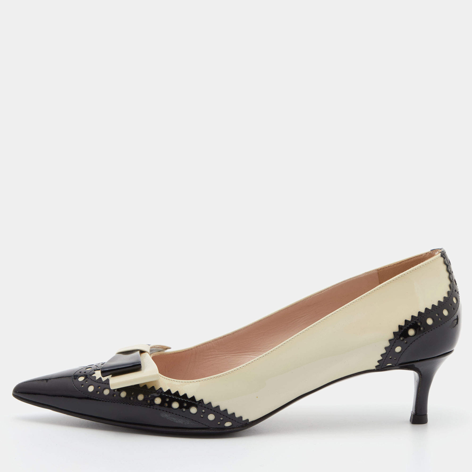 Miu Miu Two Tone Patent Leather Double Bow Pointed Toe Pumps Size 38