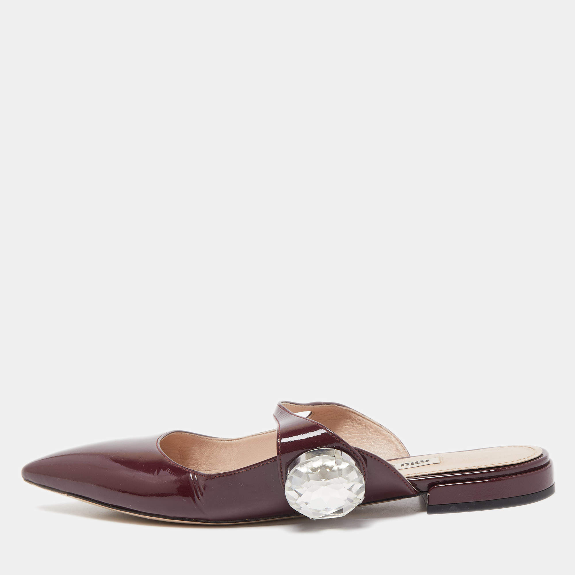 Pre Owned Miu Miu Burgundy Patent Leather Embellished Pointed Toe Mules Size 36