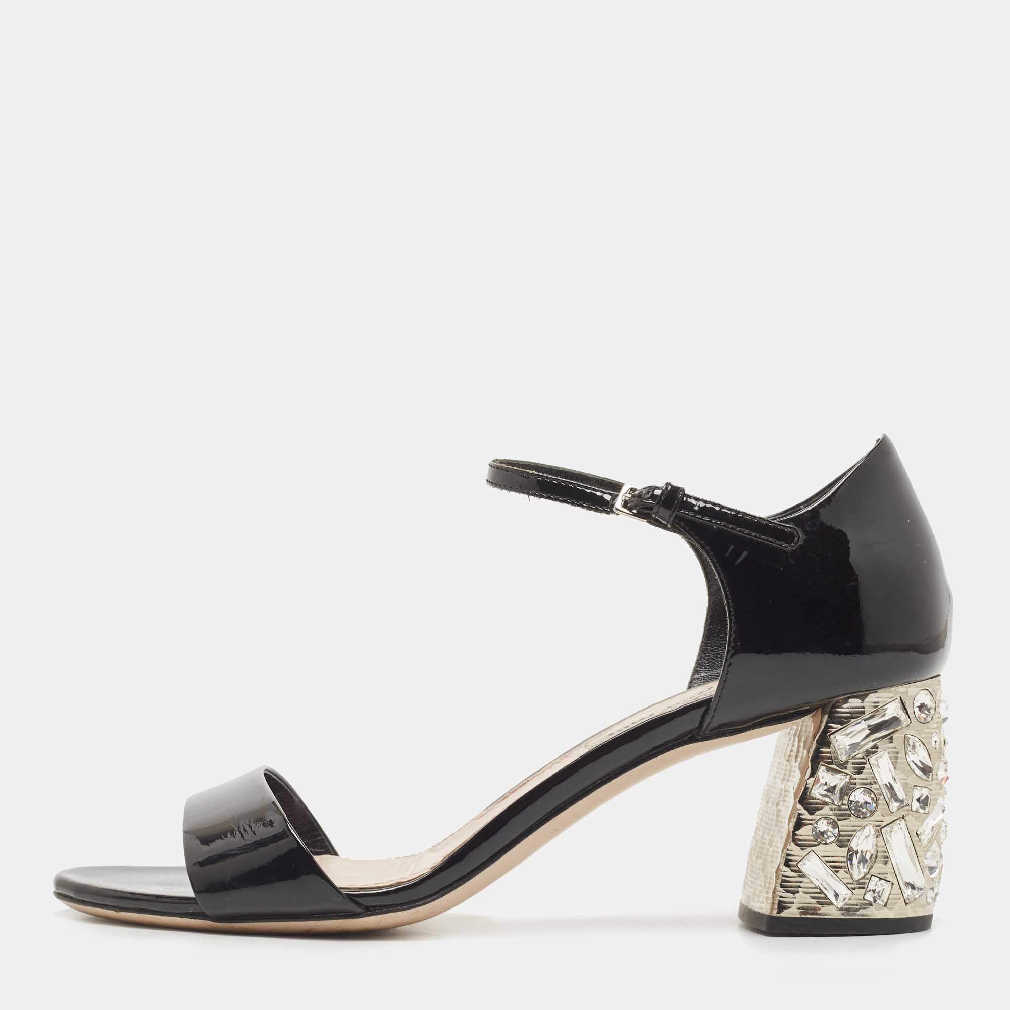 Miu Miu Black Patent Leather Crystal Embellished Block Heel Ankle Strap Sandals Size 37.5