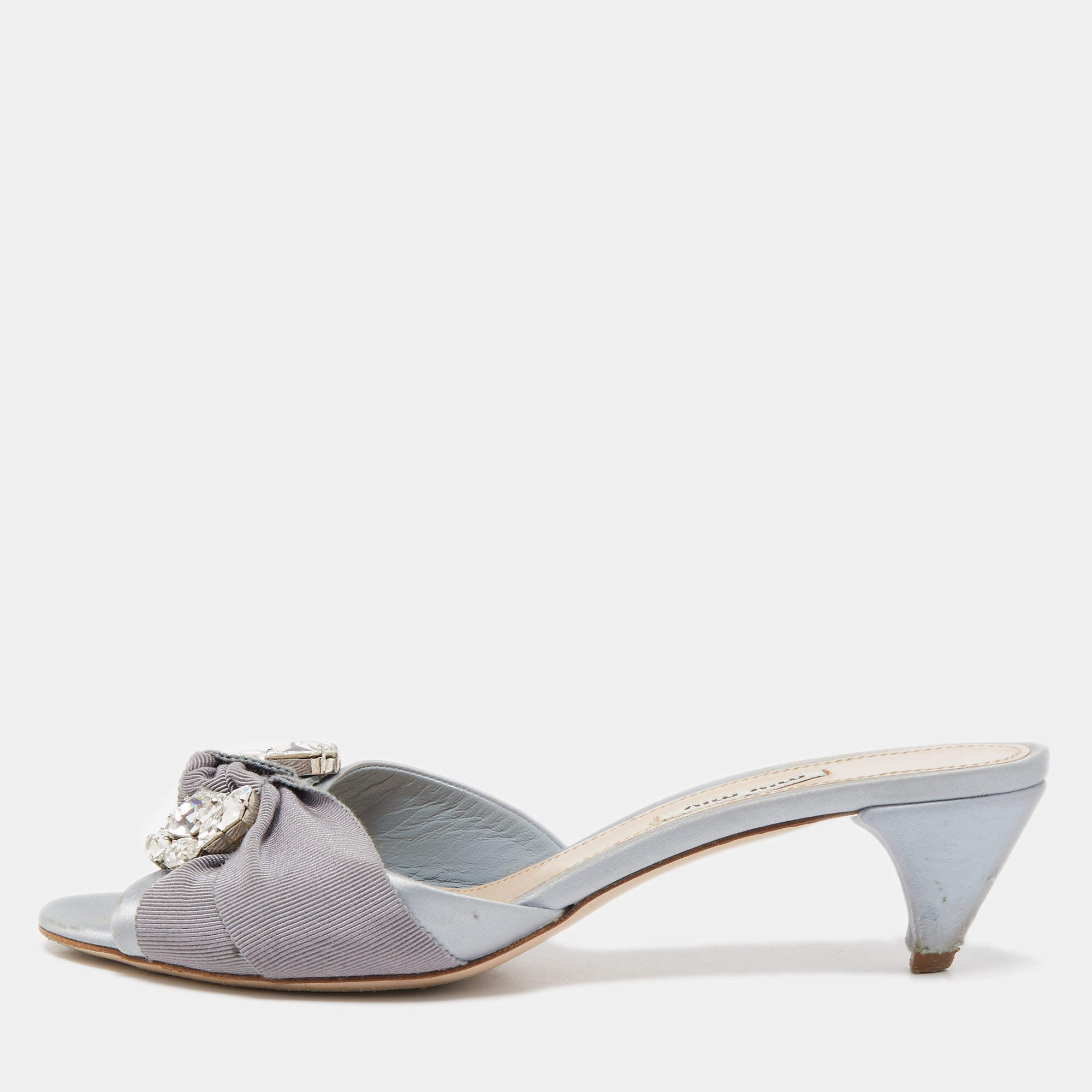 Pre Owned Miu Miu Two Tone Satin and Knotted Canvas Crystal Embellished Slide Sandals Size 39