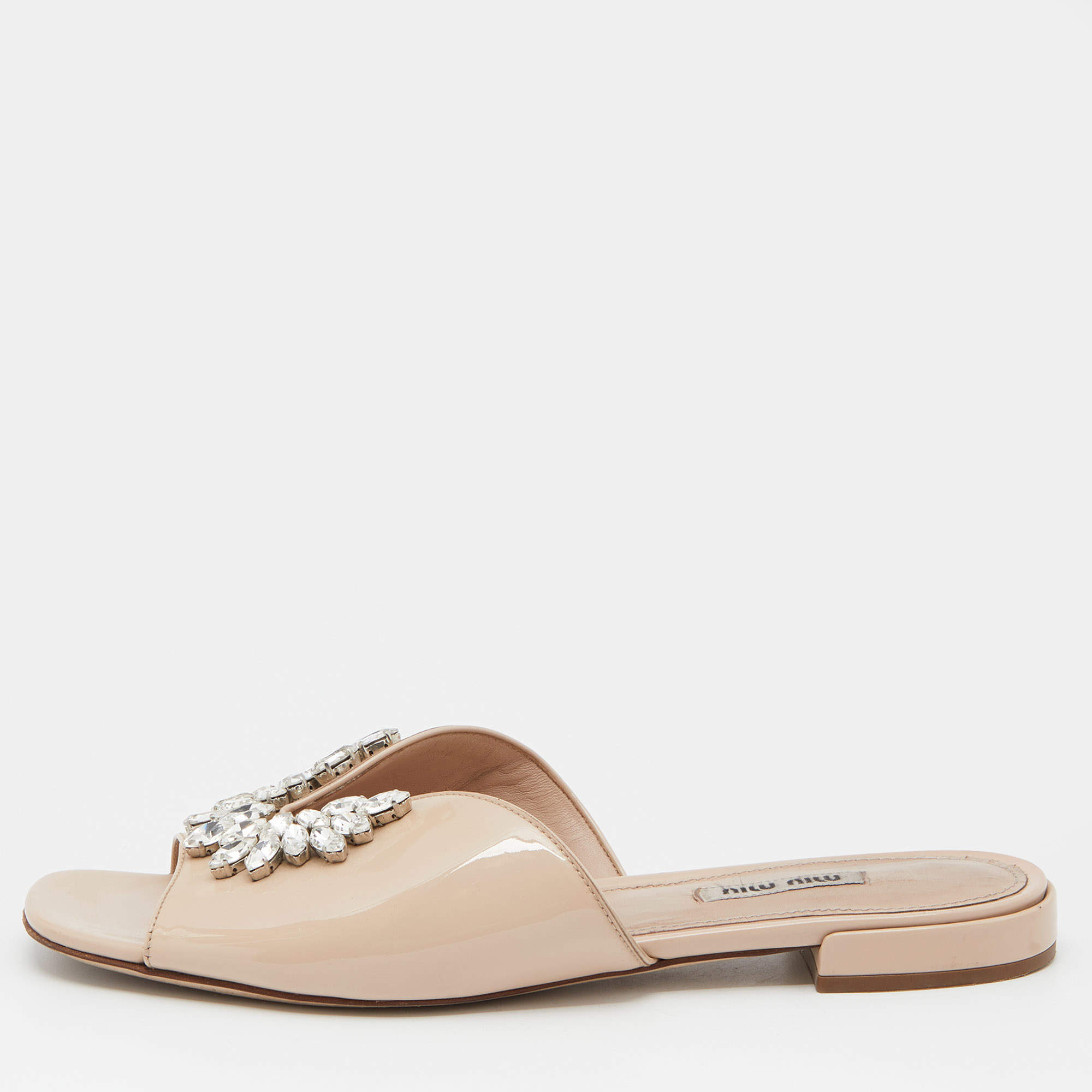 Miu Miu Beige Patent Leather Crystal Embellished Flat Slides Size 40