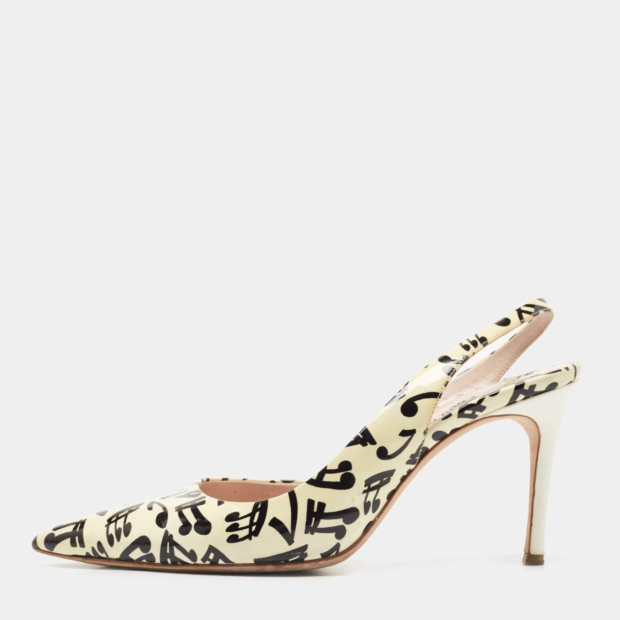 Miu Miu Light Yellow Printed Patent Leather Slingback Pumps Size 40
