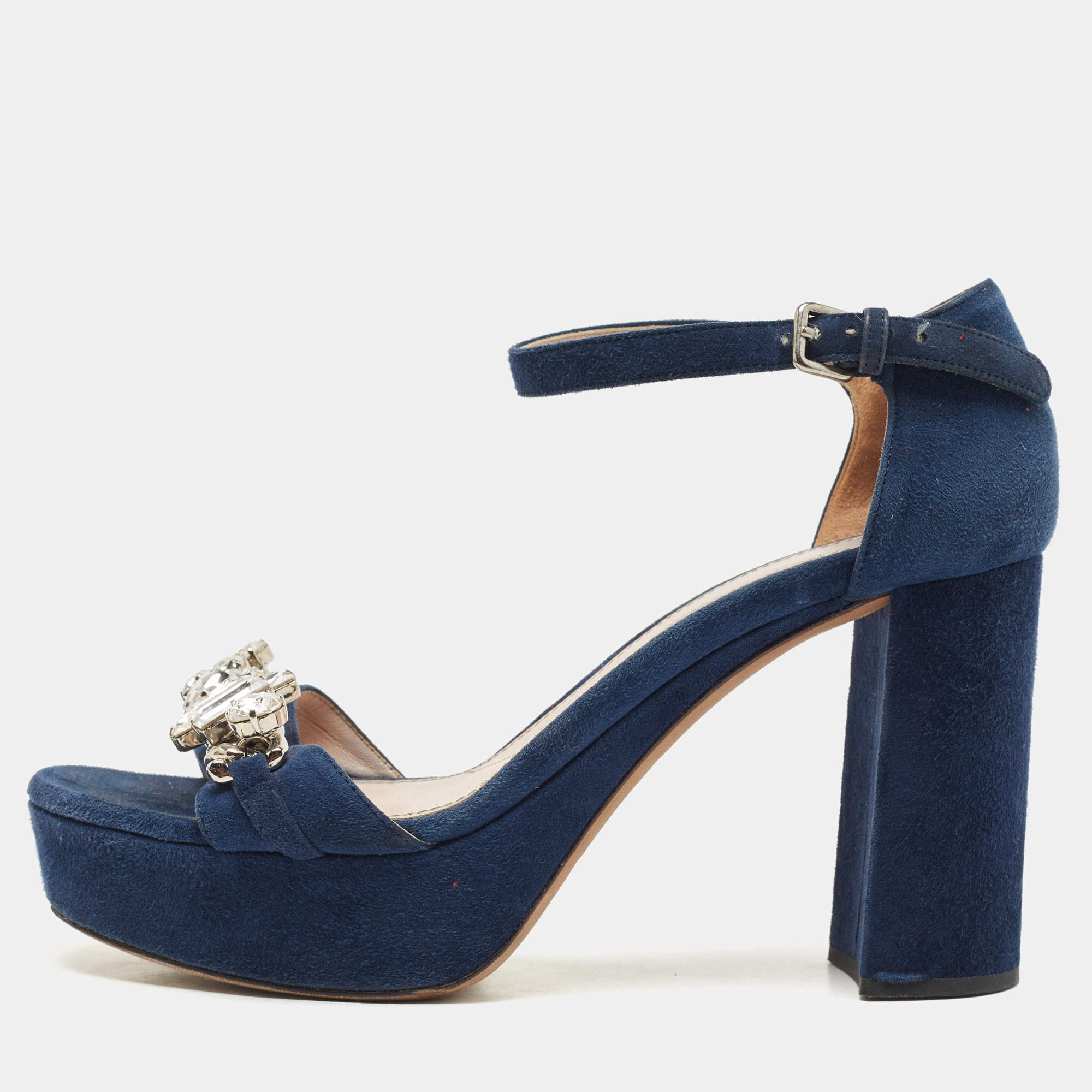 Pre Owned Miu Miu Navy Blue Suede Crystal Embellished Ankle Strap Sandals Size 37.5