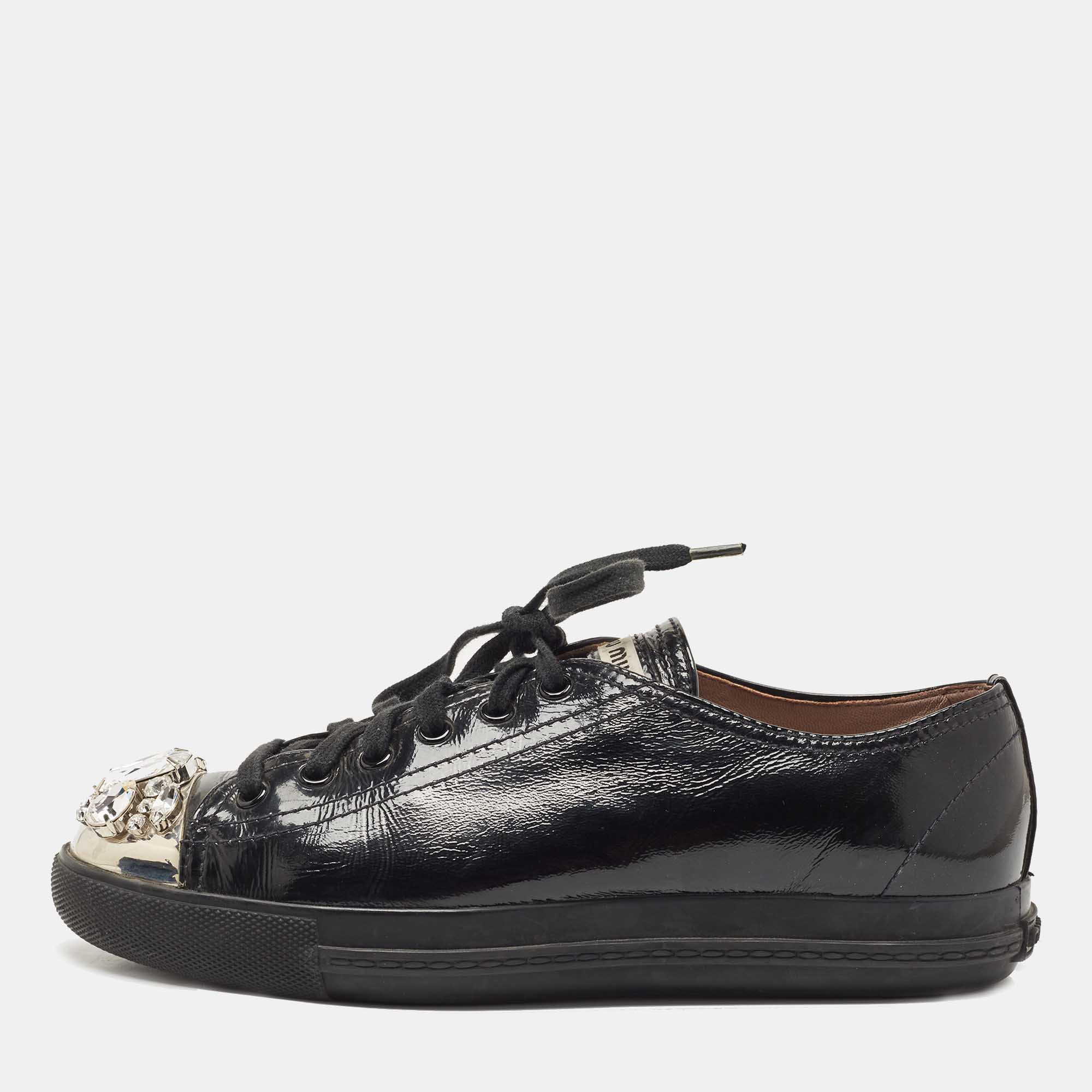 Miu Miu Black Patent Leather Crystal Embellished Cap Toe Low Top Sneakers Size 38.5