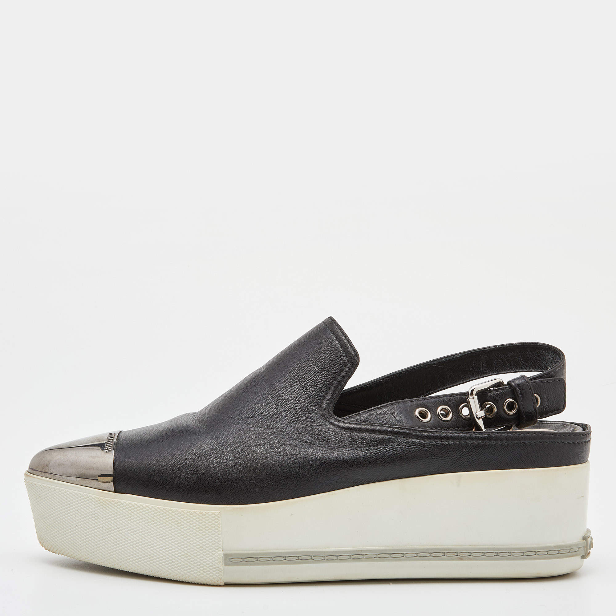Miu Miu Black Leather Platform Slingback Sneakers Size 39