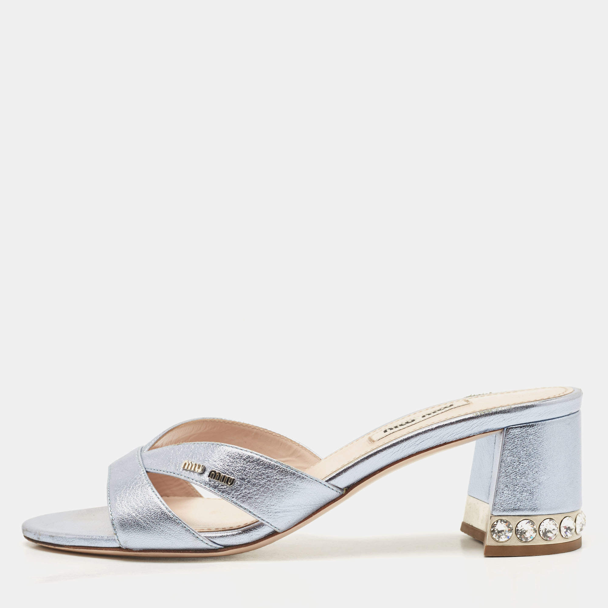Pre Owned Miu Miu Metallic Blue Leather Crystal Embellished Slide Sandals Size 36