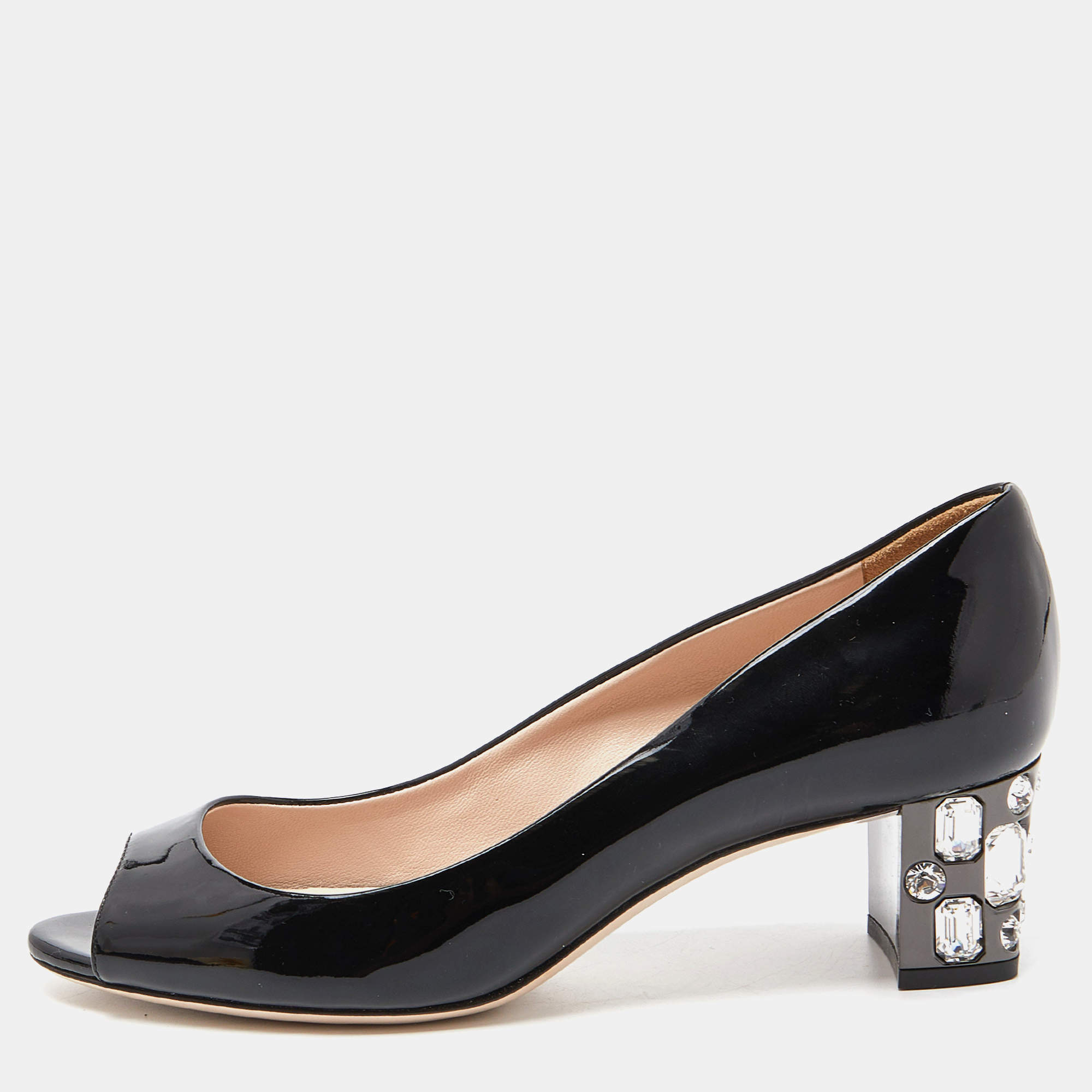 Miu Miu Black Patent Leather Peep Toe Embellished Block Heel Pumps Size 36.5