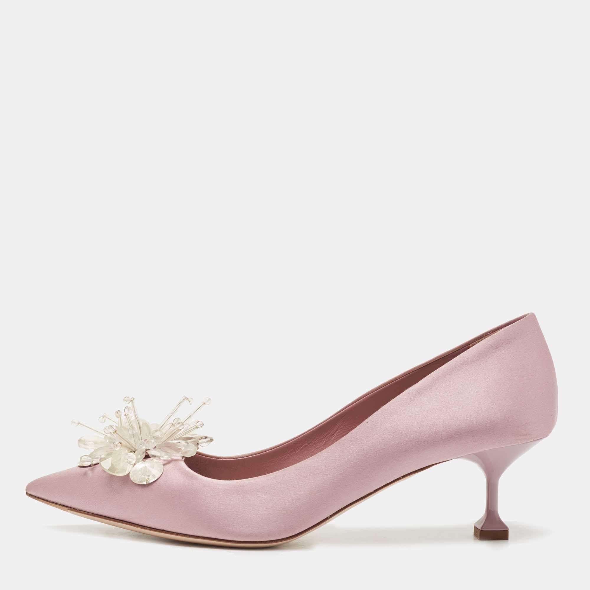 Pre Owned Miu Miu Light Purple Satin Crystal Embellished Pumps Size 39.5