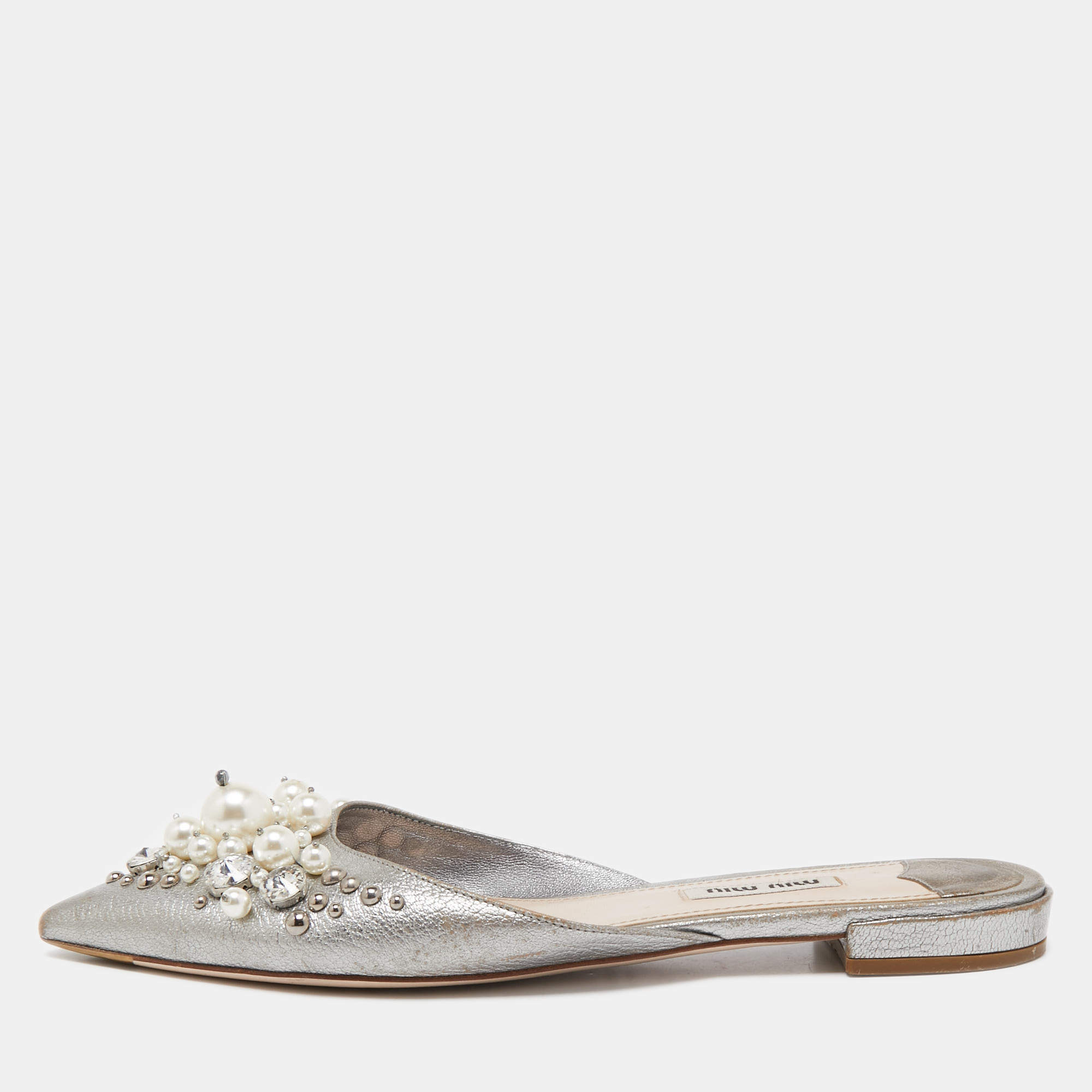 Miu Miu Grey Leather Embellished Flat Mules Size 37