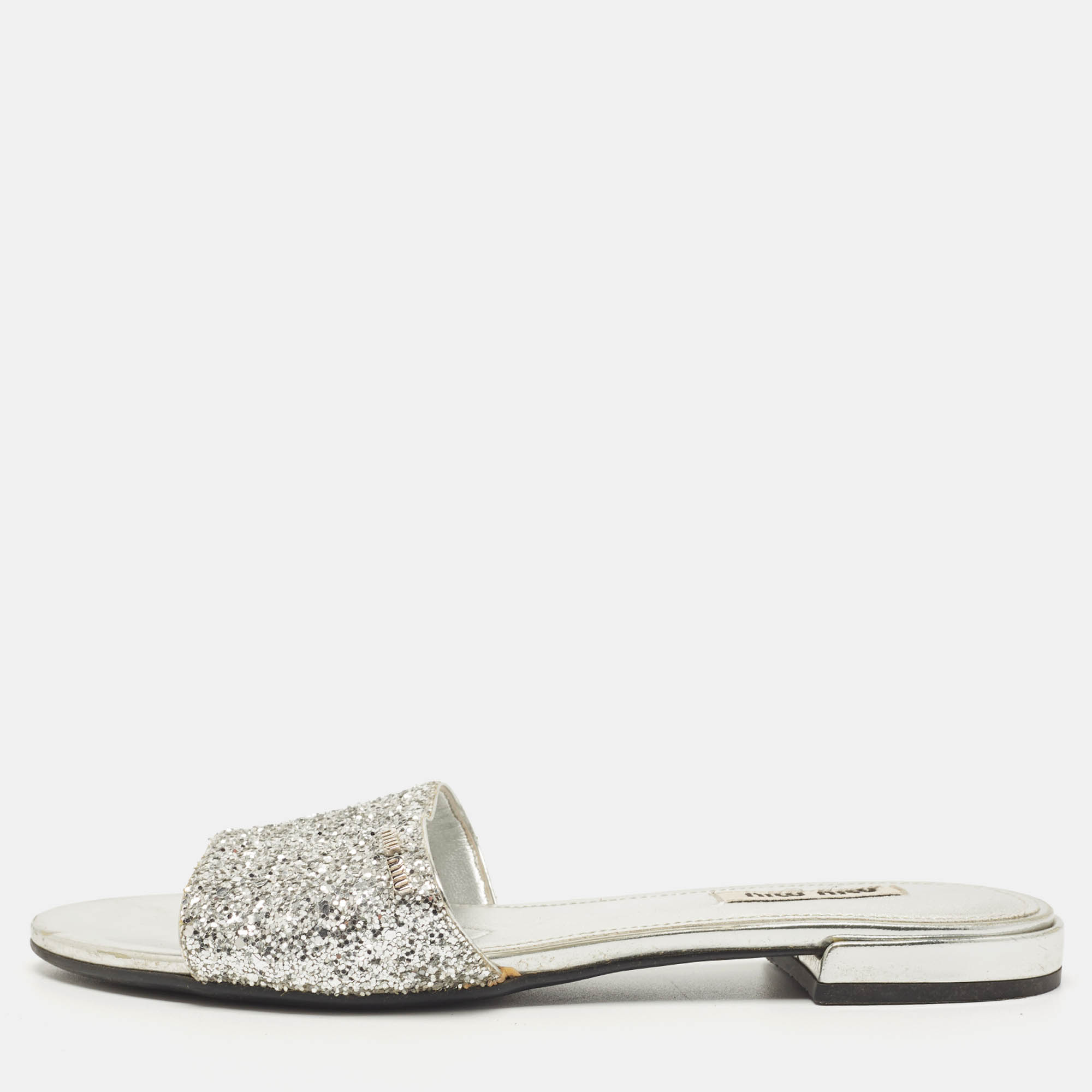 Pre Owned Miu Miu Silver Glitter Flat Slides Size 35