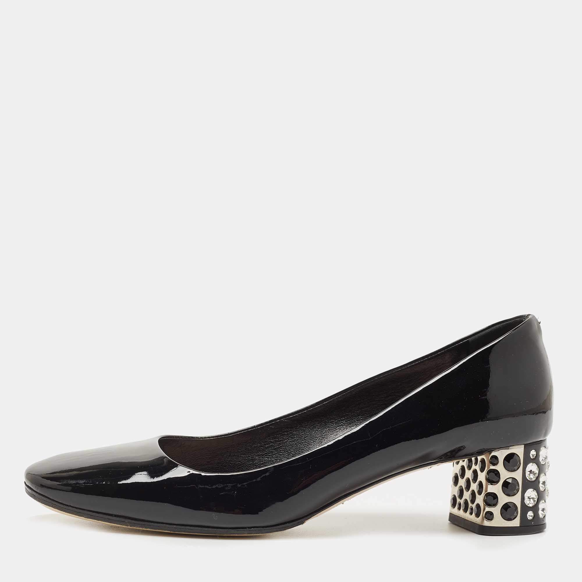 Miu Miu Black Patent Leather Crystal Embellished Heel Pumps Size 37
