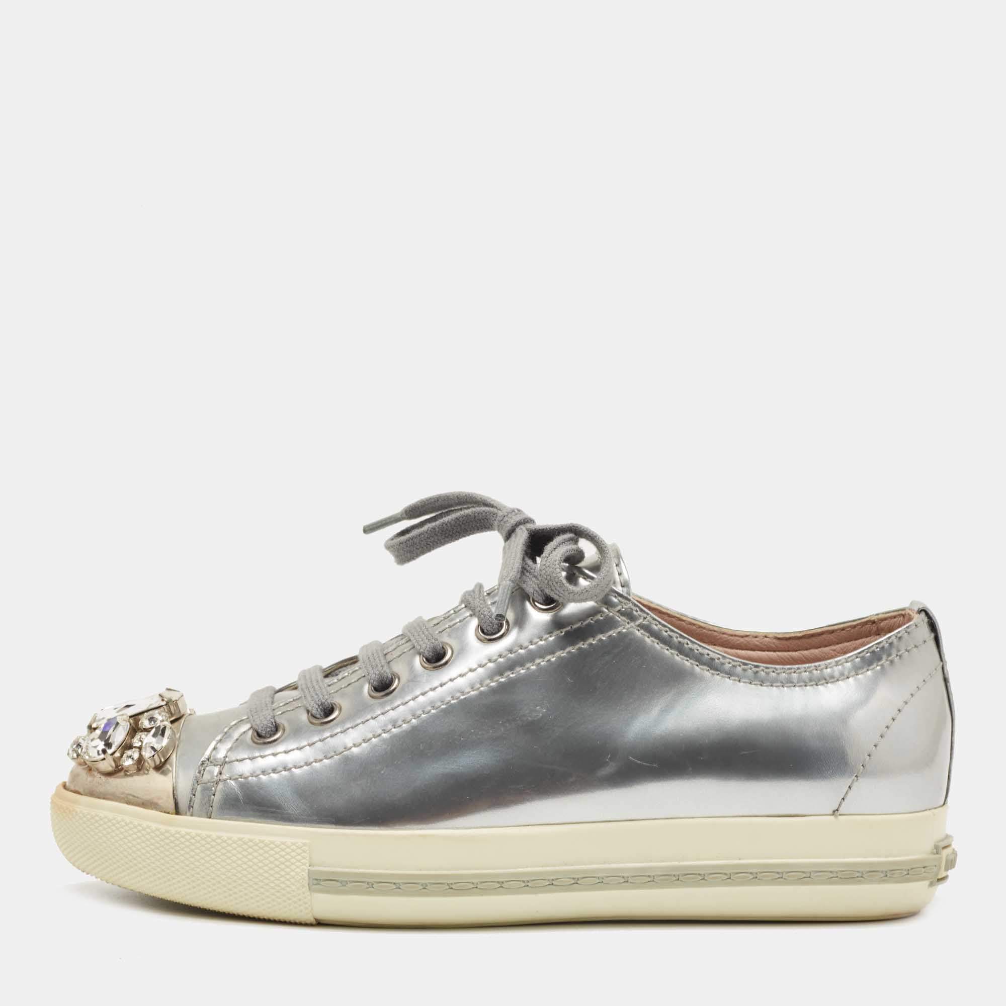 Pre Owned Miu Miu Silver Patent Crystal Embellished Cap Toe Sneakers Size 35.5