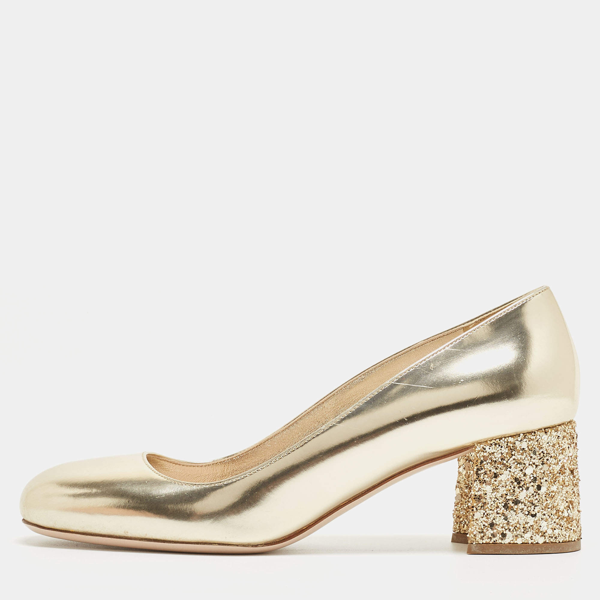 Pre Owned Miu Miu Dull Gold Leather Glitter Heel Round-Toe Pumps Size 37