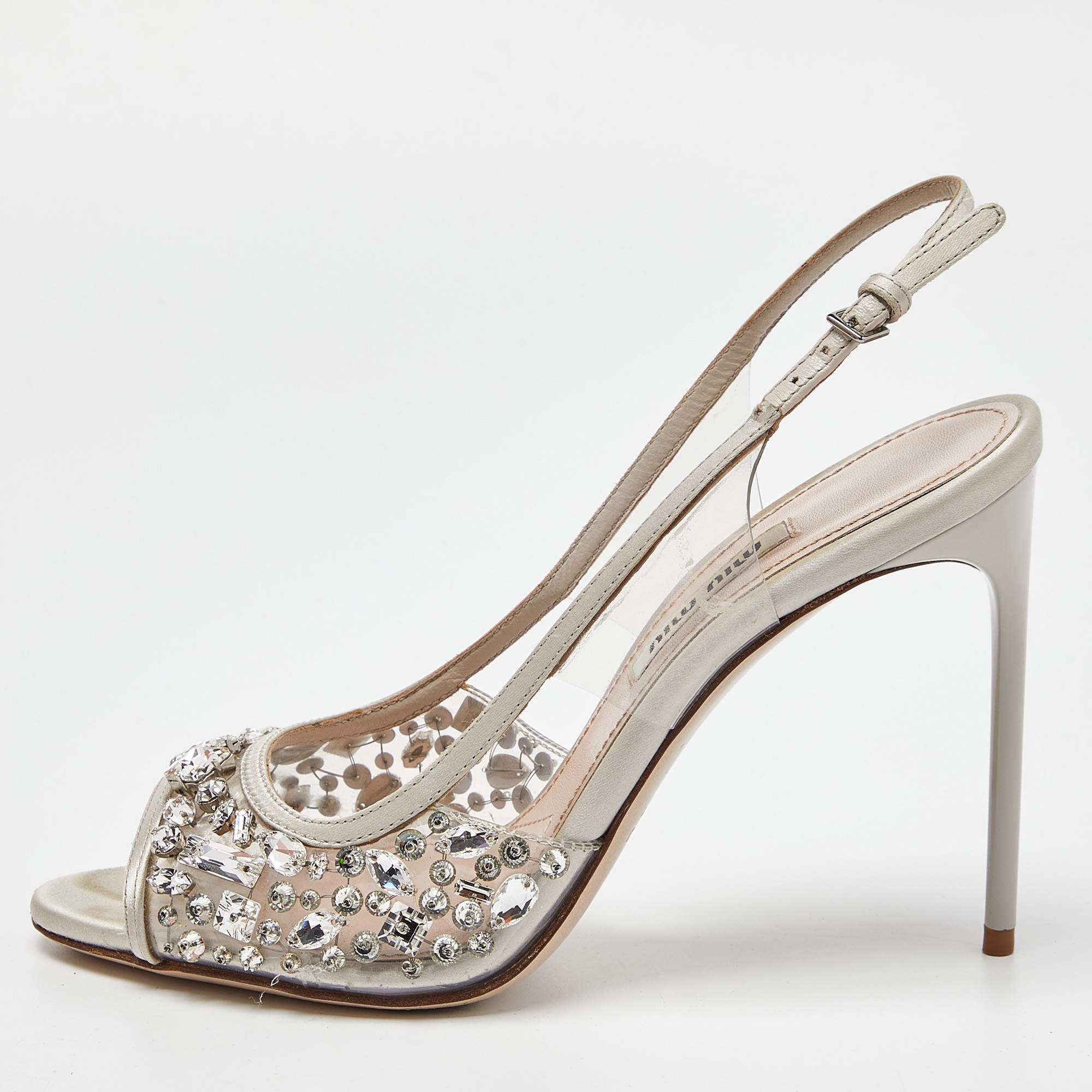 Pre Owned Miu Miu Silver Satin and PVC Crystal Embellished Slingback Pumps Size 36