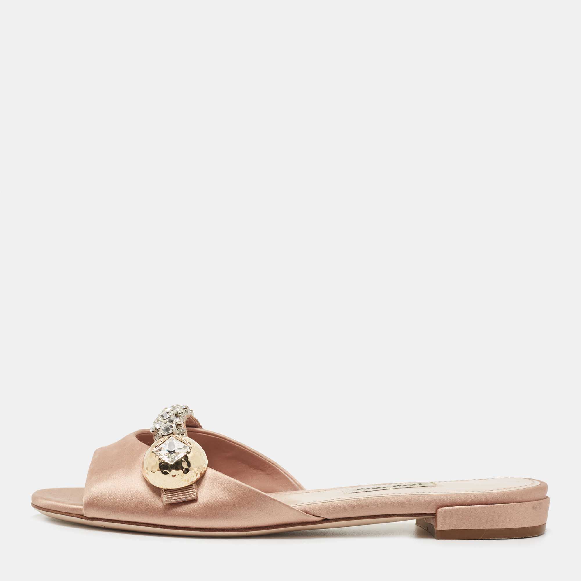 Miu Miu Beige Satin Crystal Embellished Slide Flats Size 36