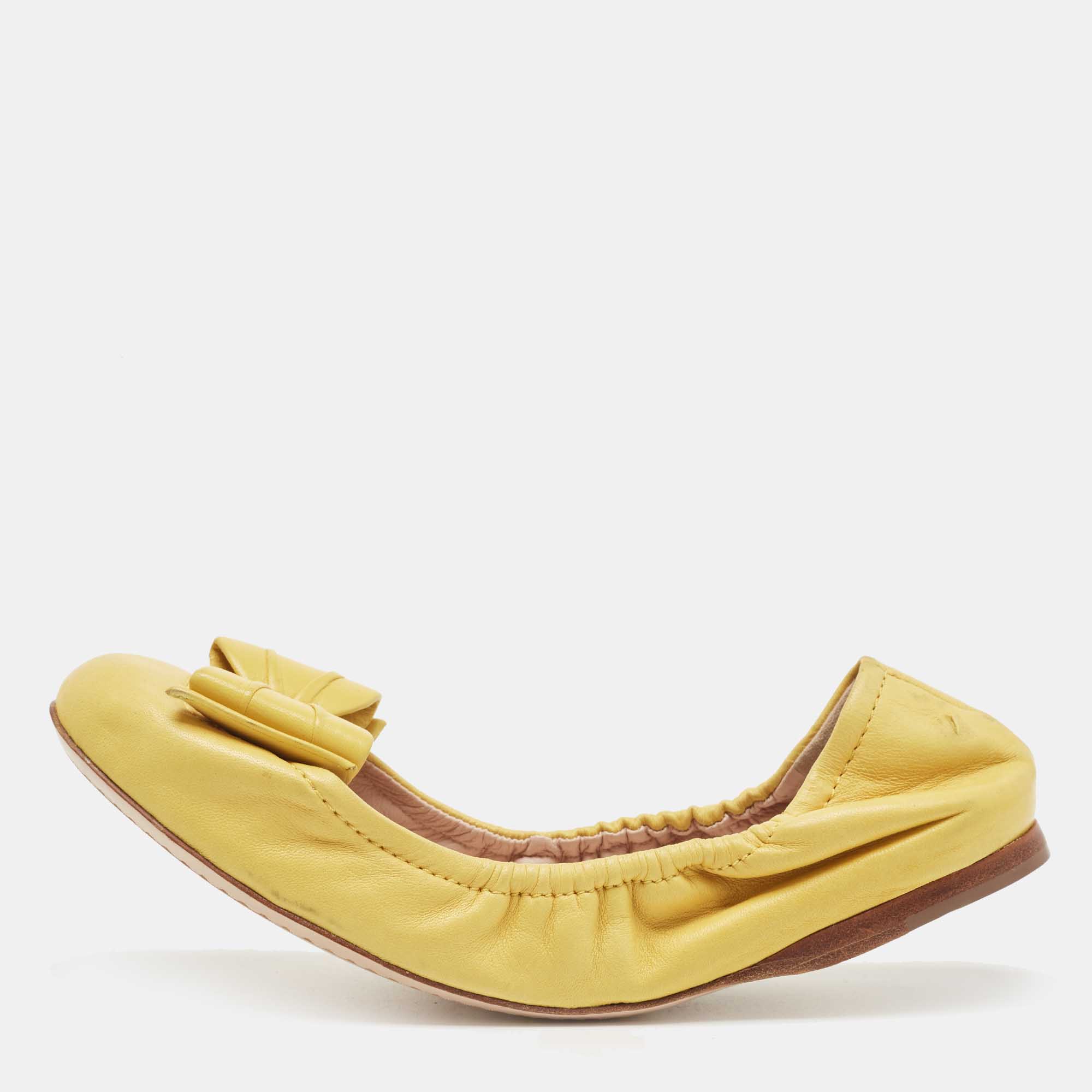 Pre Owned Miu Miu Yellow Leather Scrunch Bow Ballet Flats Size 39