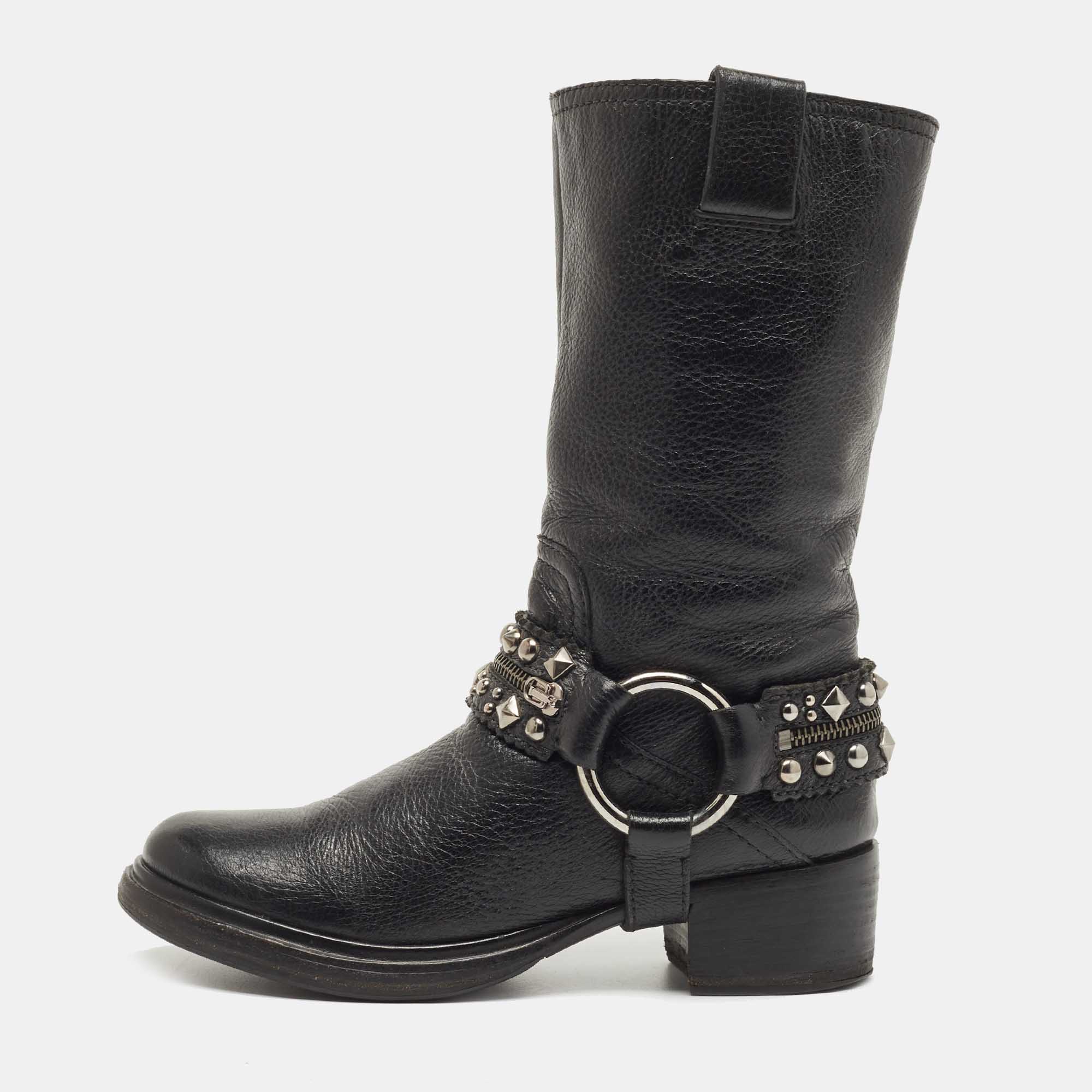 Pre Owned Miu Miu Black Leather Studded Accents Riding Mid Calf Boots Size 36.5
