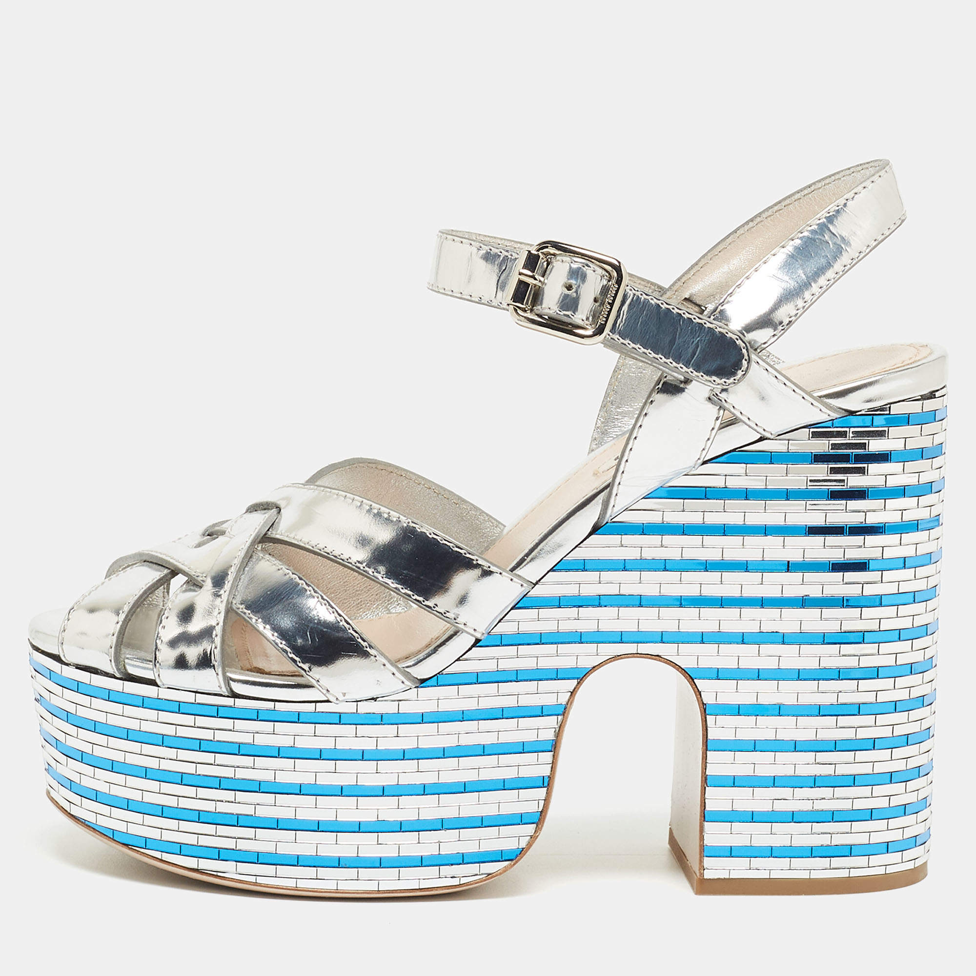 Pre Owned Miu Miu Silver Leather Crystal Embellished Platform Ankle Strap Sandals Size 39