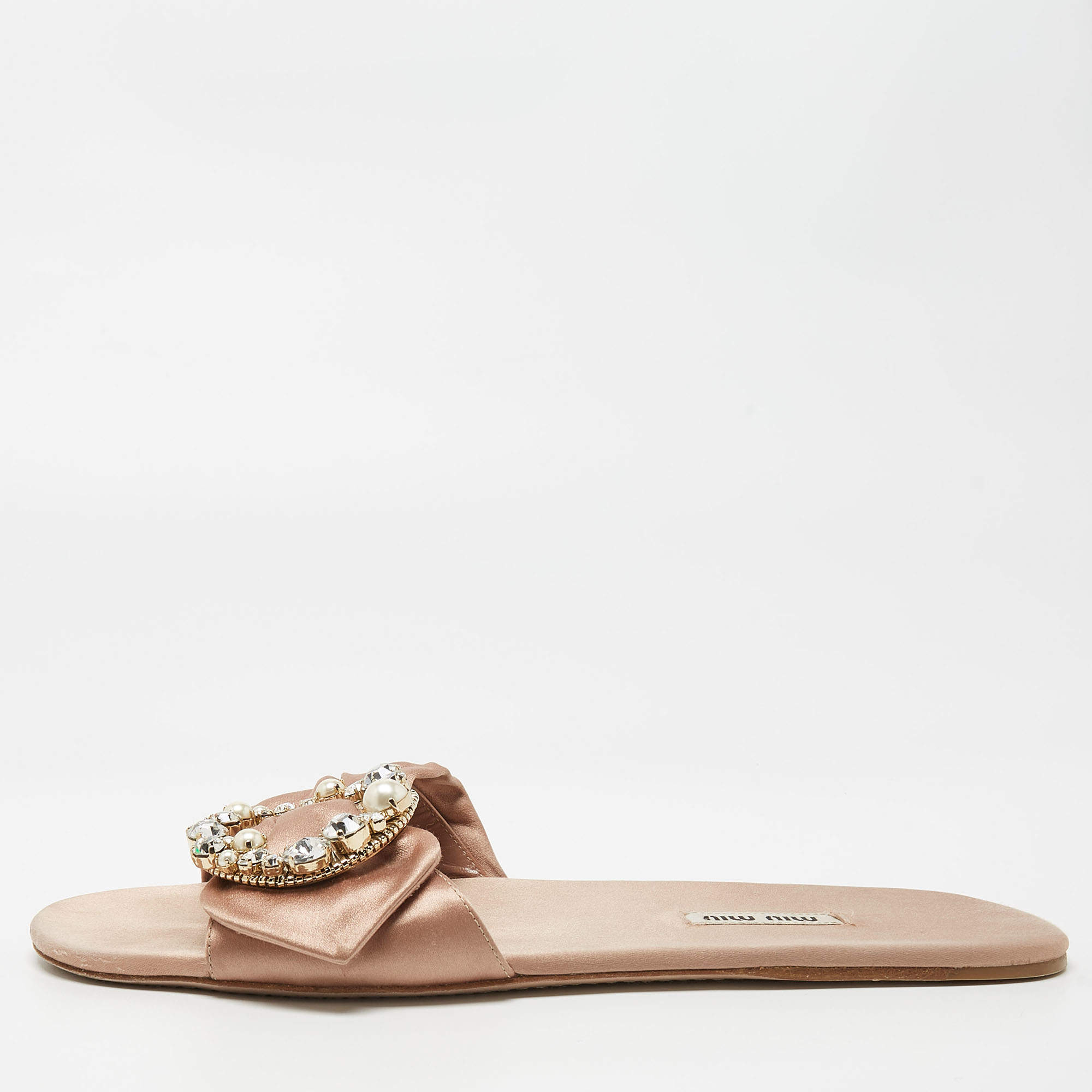 Pre Owned Miu Miu Beige Satin Knot Crystal Embellished Slide Sandals Size 40
