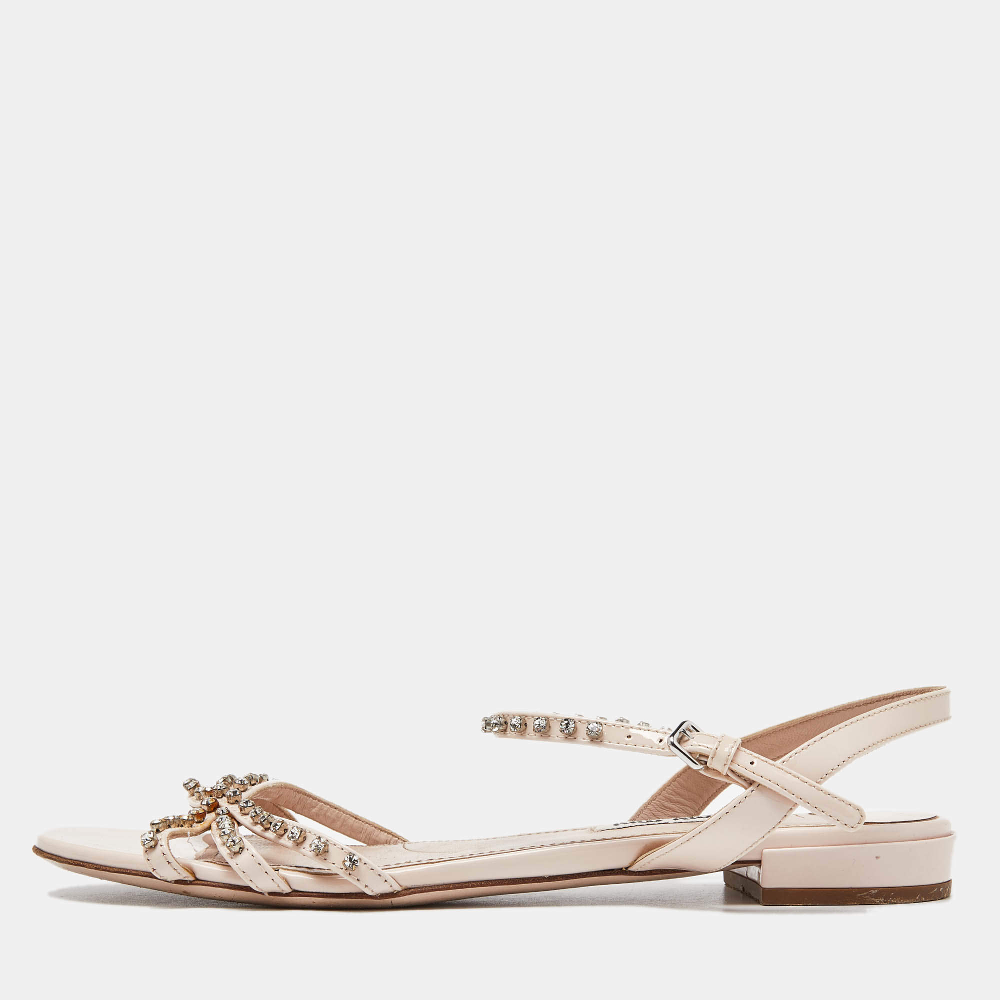Miu Miu Pink Patent Leather Strappy Crystal Embellished Flat Sandals Size 38