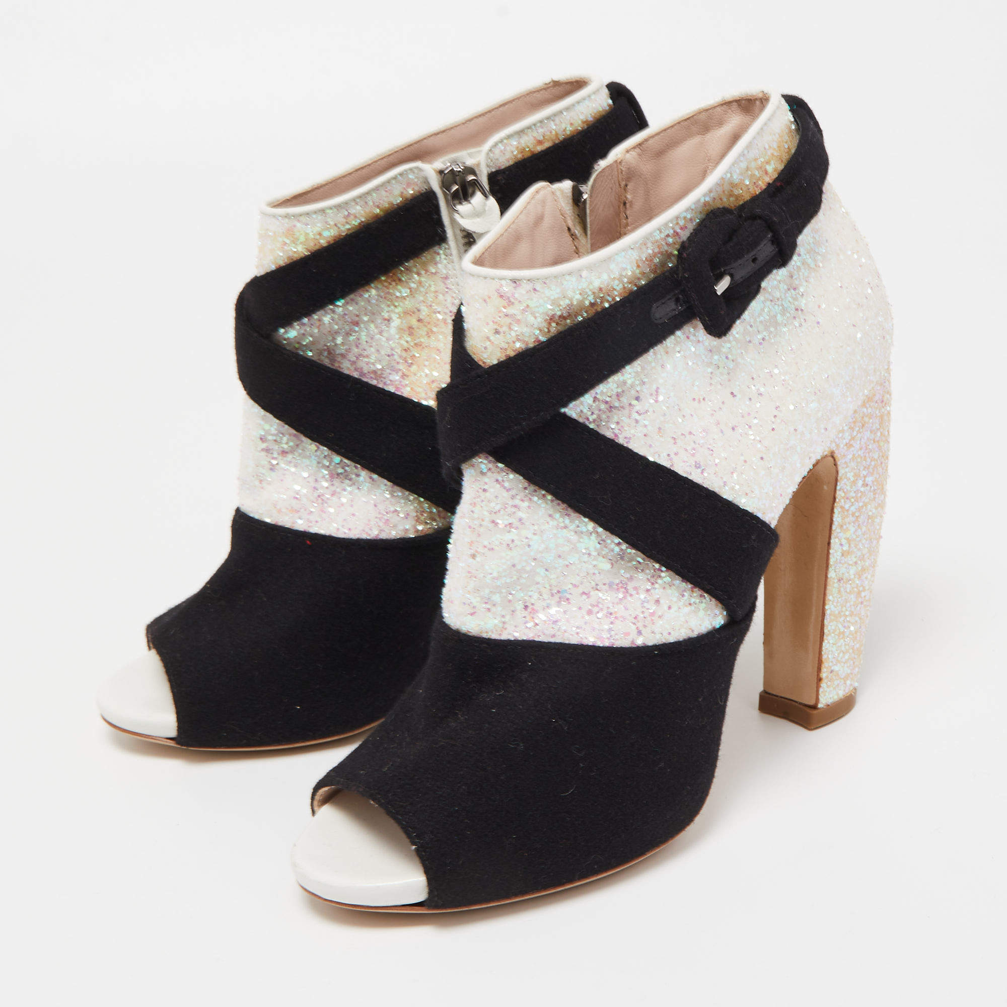 Miu miu glitter and discount suede peep toe ankle boots