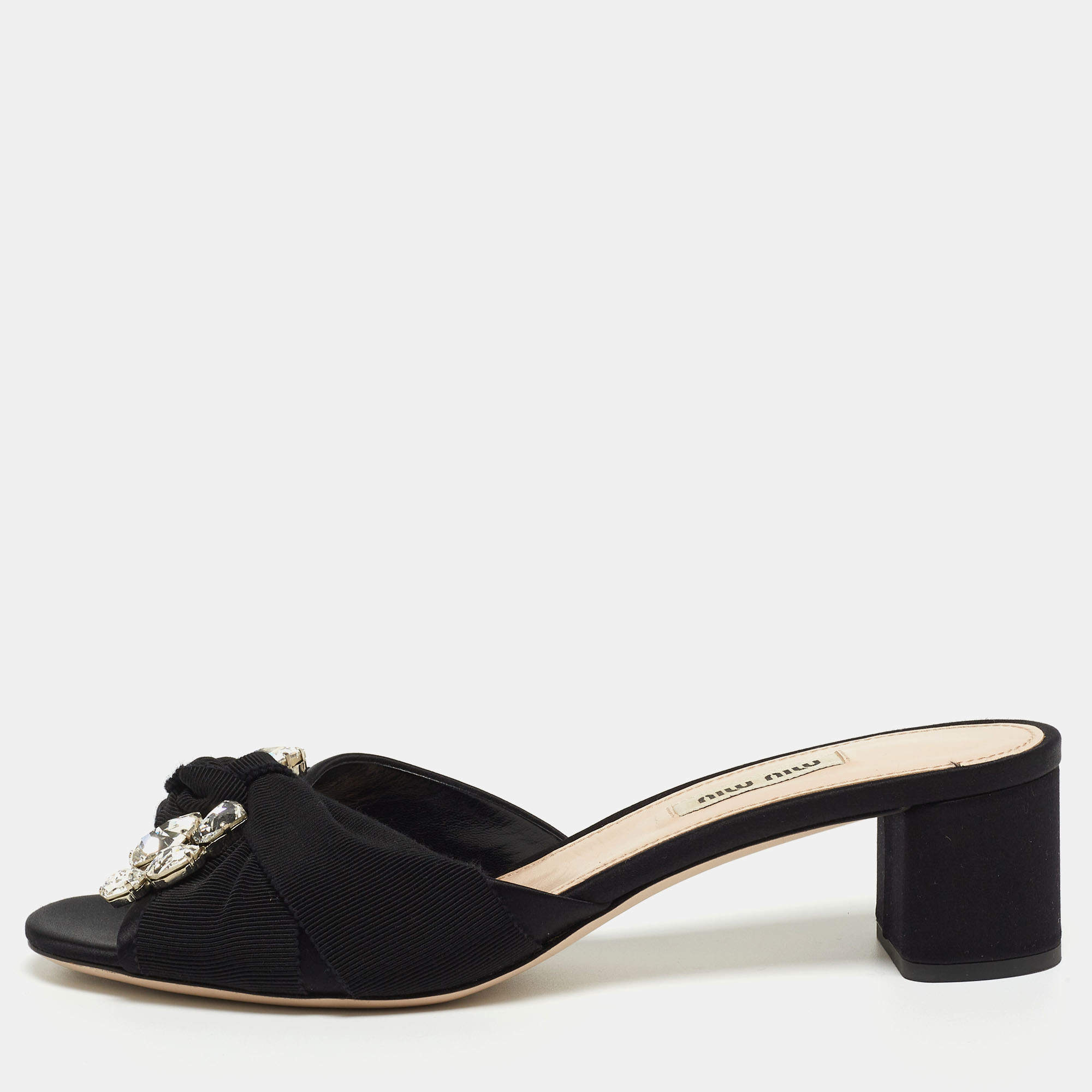 Miu Miu Black Satin and Canvas Crystals Embellished Knot Slide Sandals Size 38.5
