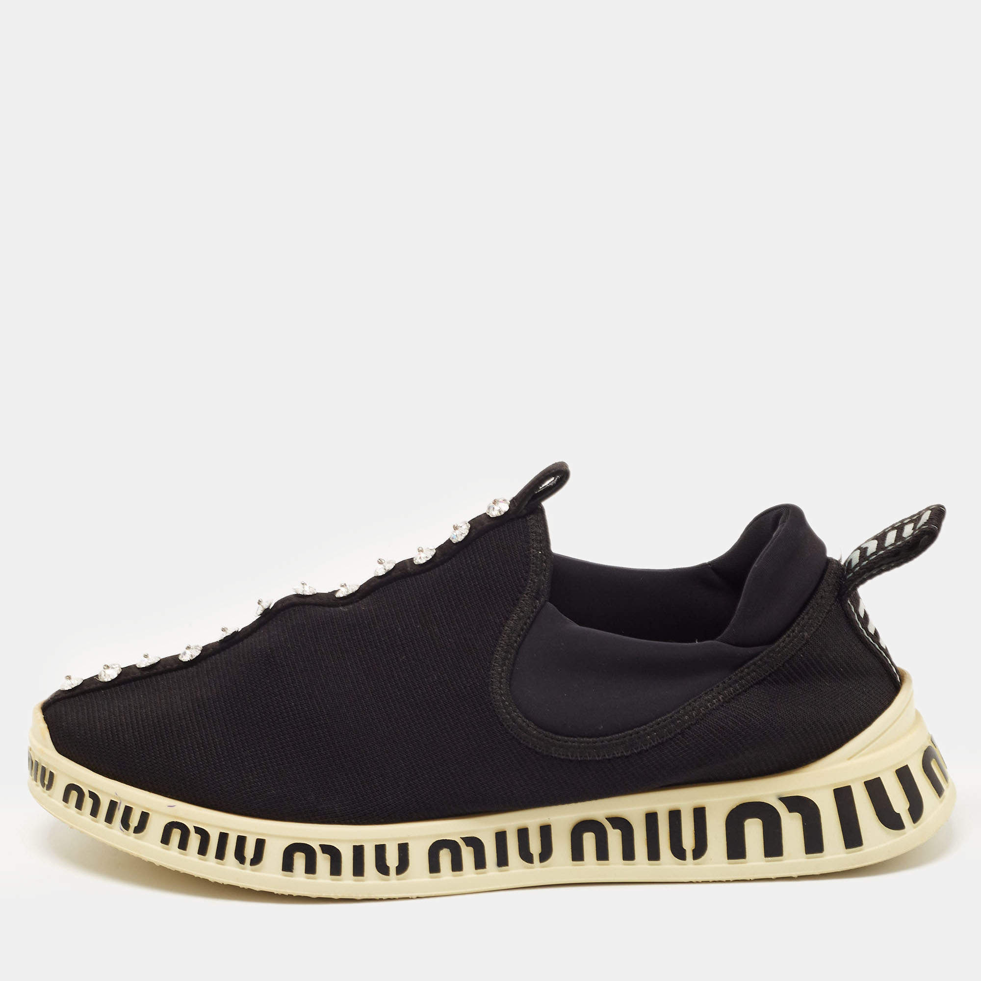 Miu Miu Black Stretch Knit Crystal Embellished Run Sneakers Size 40