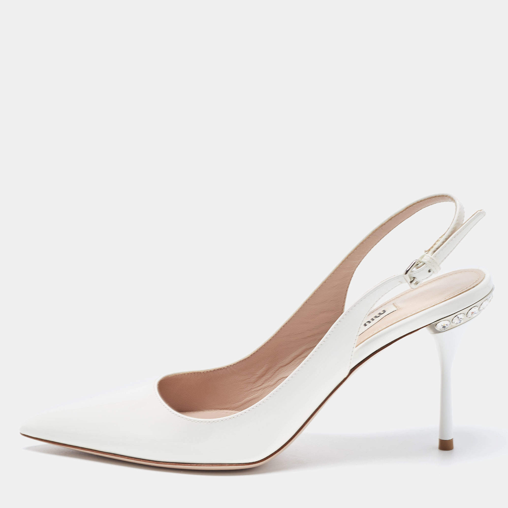 Pre Owned Miu Miu White Patent Leather Pointed Toe Slingback Pumps Size 37