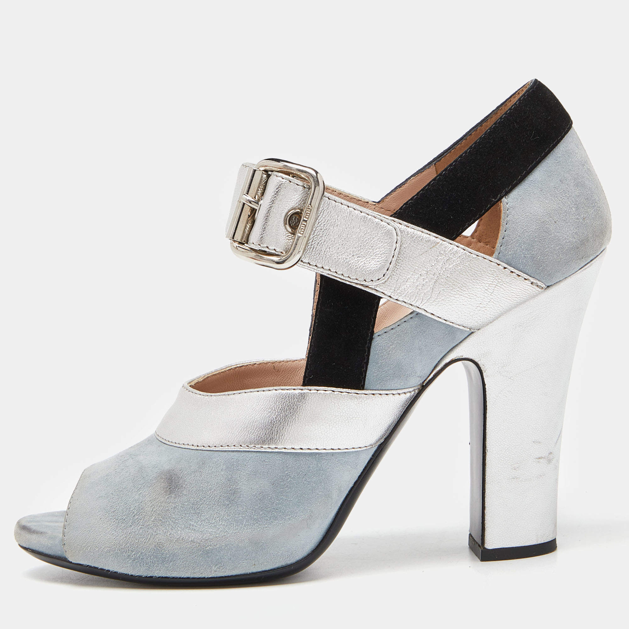 Miu Miu Tri Color Leather and Suede Bow Peep Toe Pumps Size 38