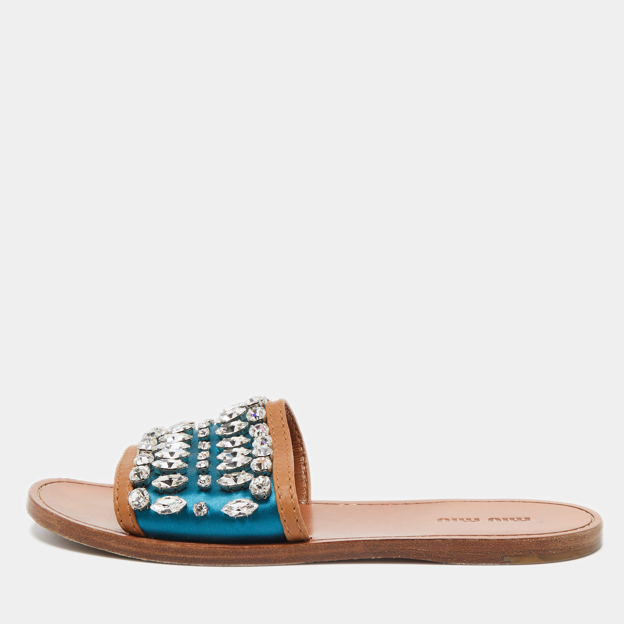 مملوكة مسبقًا Miu Miu Blue/Brown Satin and Leather Crystal Embellished Flat Slides Size 37.5