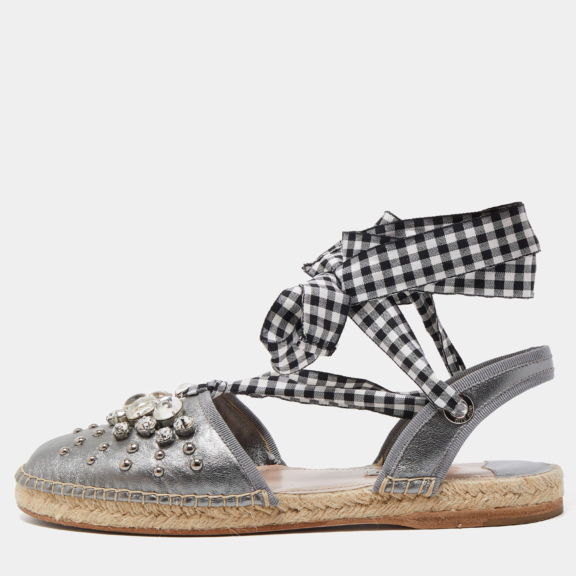Pre Owned Miu Miu Metallic Grey Leather Crystal Embellished Espadrille Ankle Strap Flat Sandals Size 40