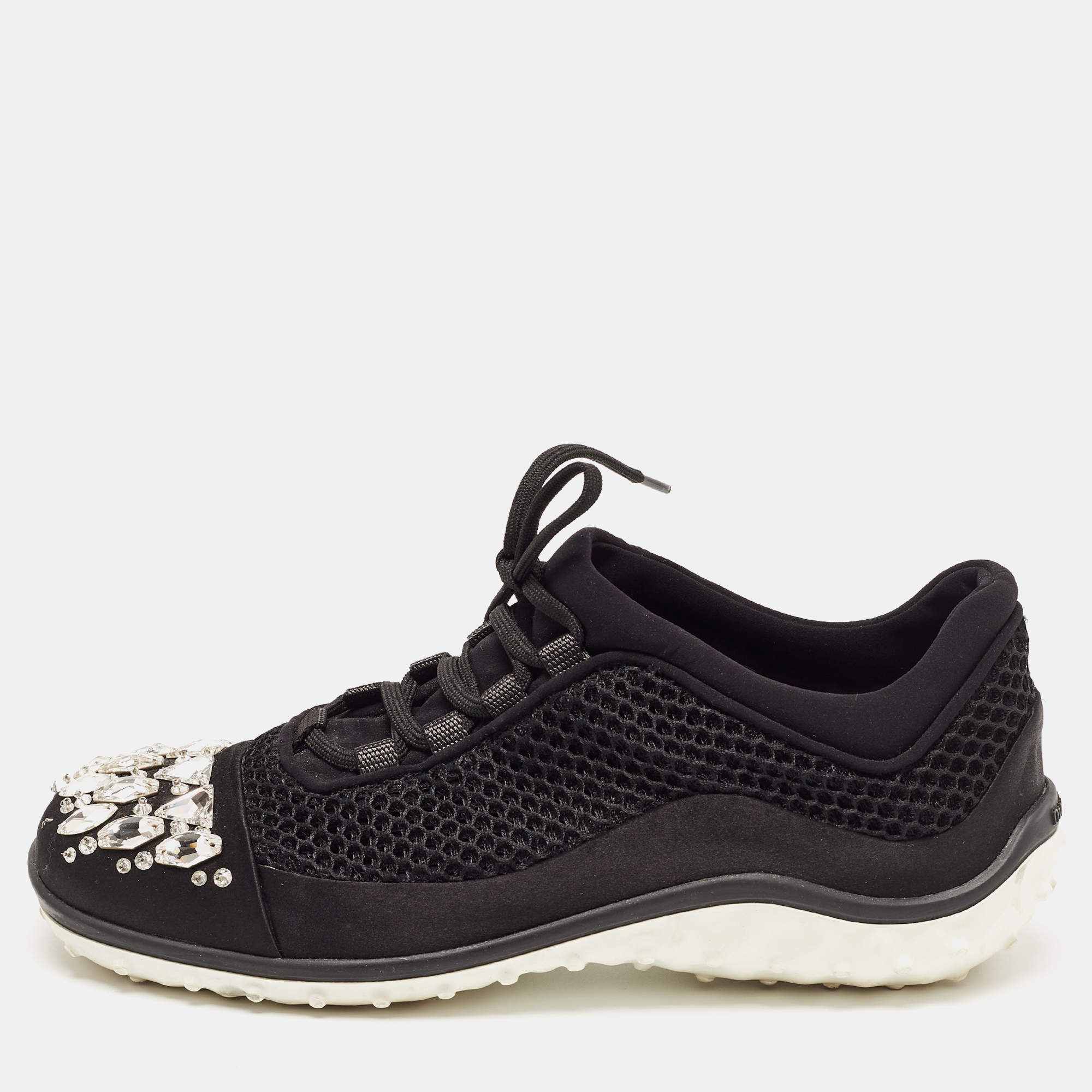 Miu Miu Black Satin and Mesh Crystal Embellished Lace Up Sneakers Size 40