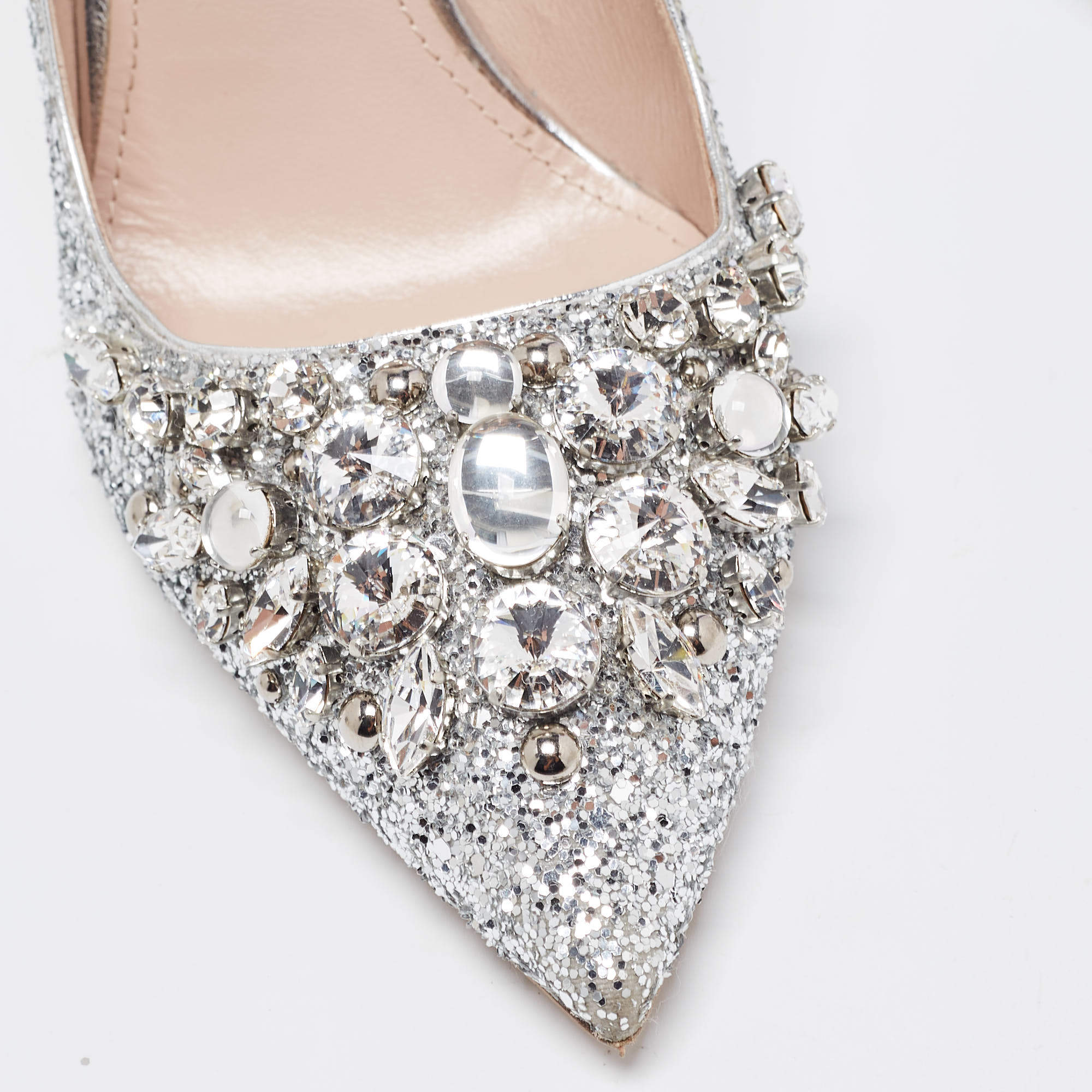 Miu Miu Silver Studded Glitter Crystal Embellished Pointed-Toe 