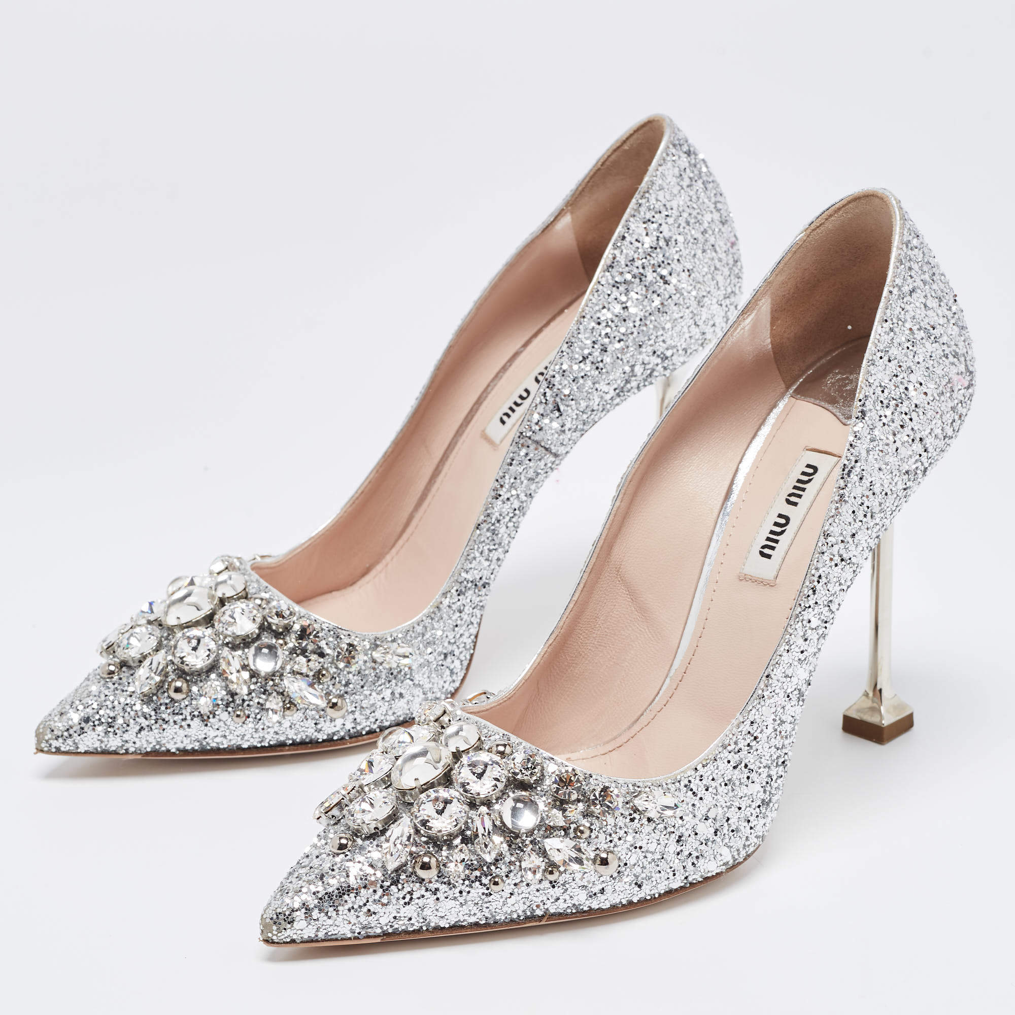 Miu Miu Silver Studded Glitter Crystal Embellished Pointed-Toe Pumps Size 38