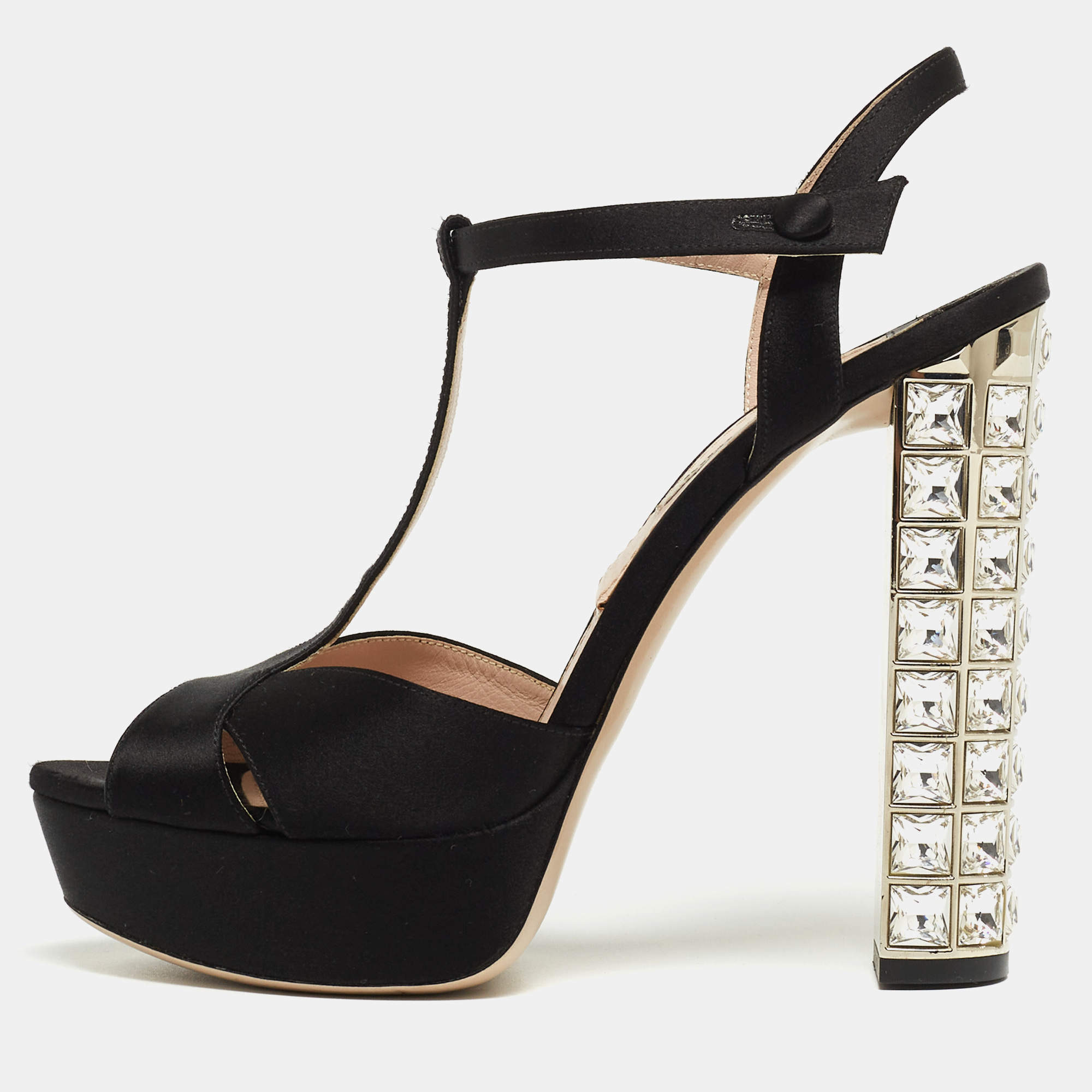 Miu Miu Black Satin Crystal Embellished Platform Ankle Strap Sandals Size 38.5