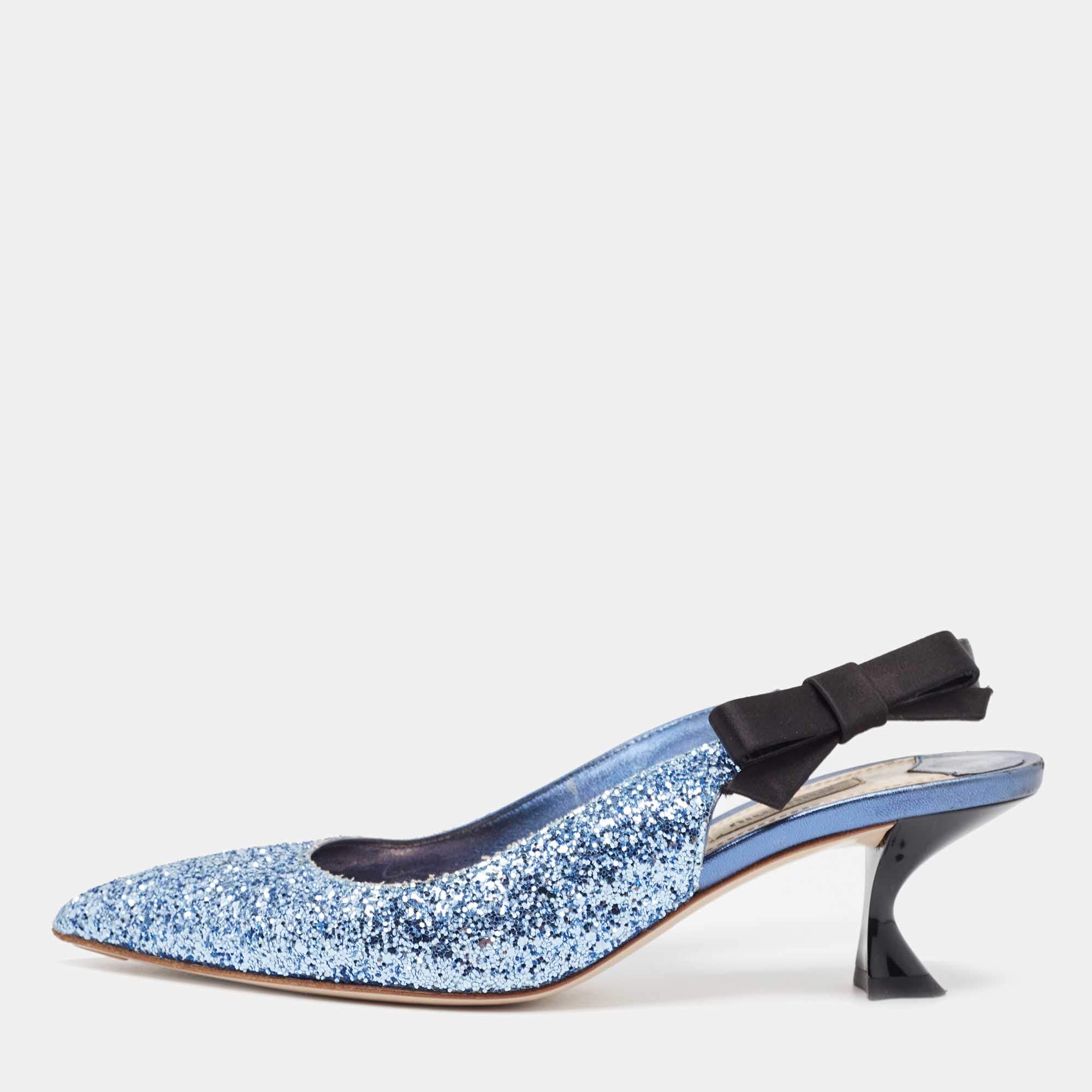 مملوكة مسبقًا Miu Miu Blue Coarse Glitter Bow Slingback Pumps Size 37