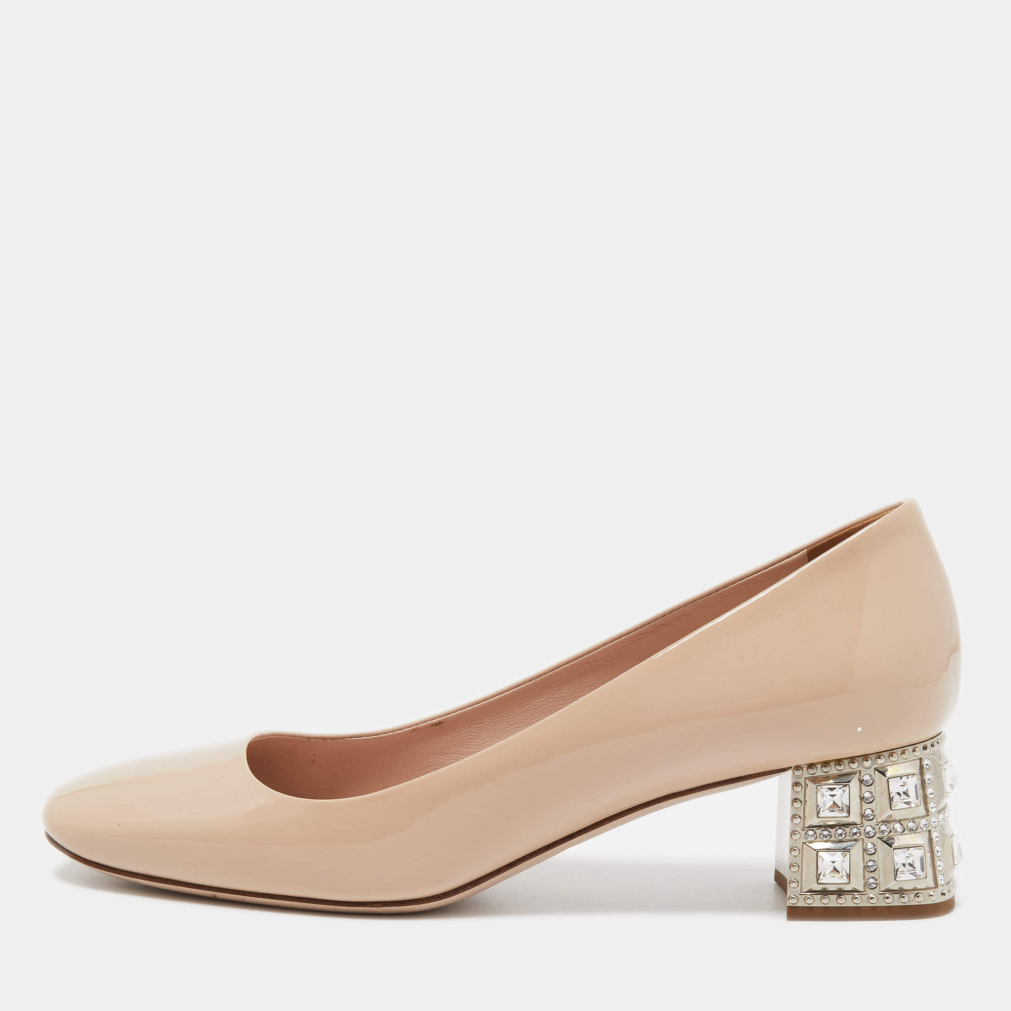 Miu Miu Beige Patent Leather Jeweled Block Heel Pumps Size 37
