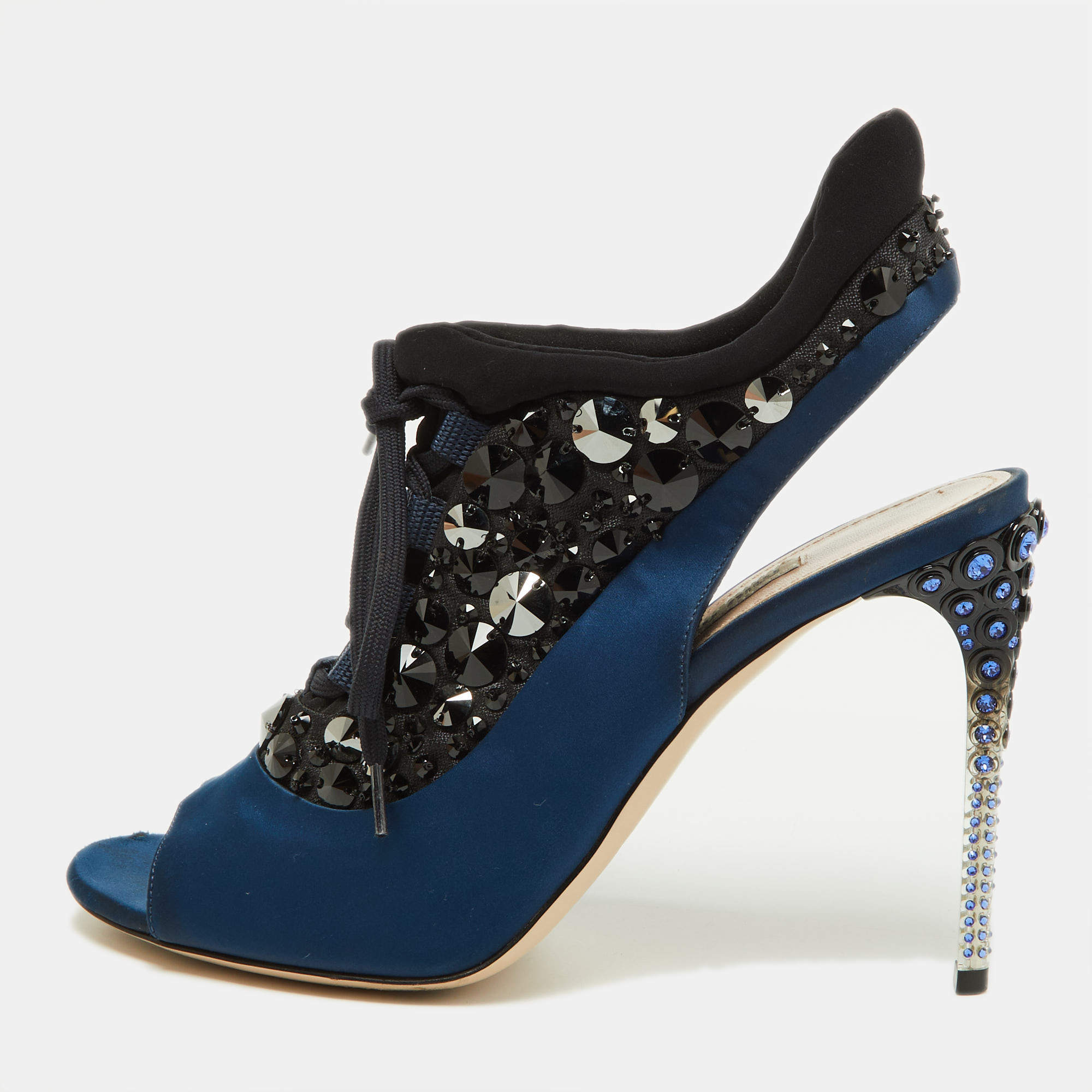 Miu Miu Navy Blue/Black Satin and Fabric Embellished Cutout Booties Size 39