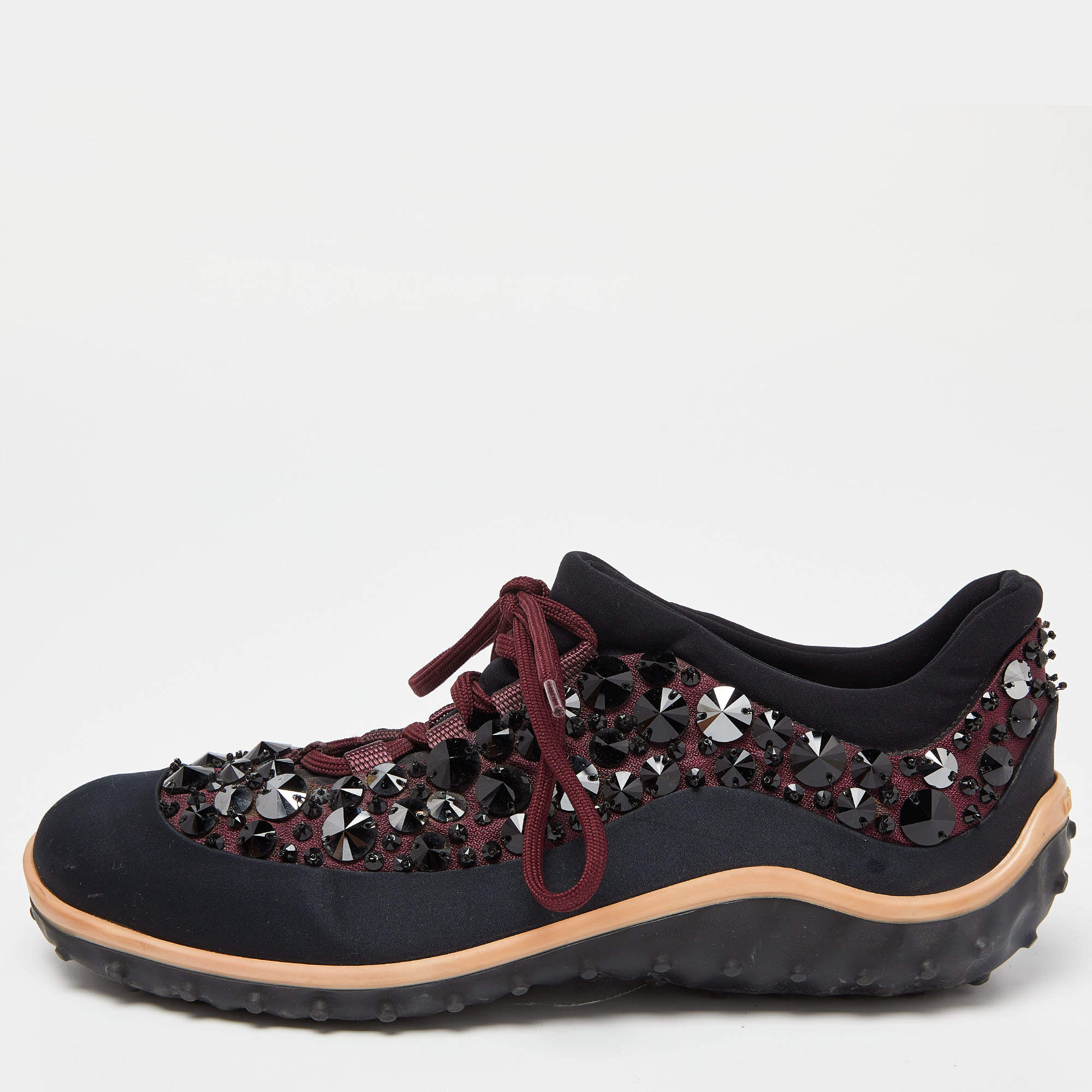 Pre Owned Miu Miu Black/Burgundy Embellished Fabric and Satin Astro Sneakers Size 39