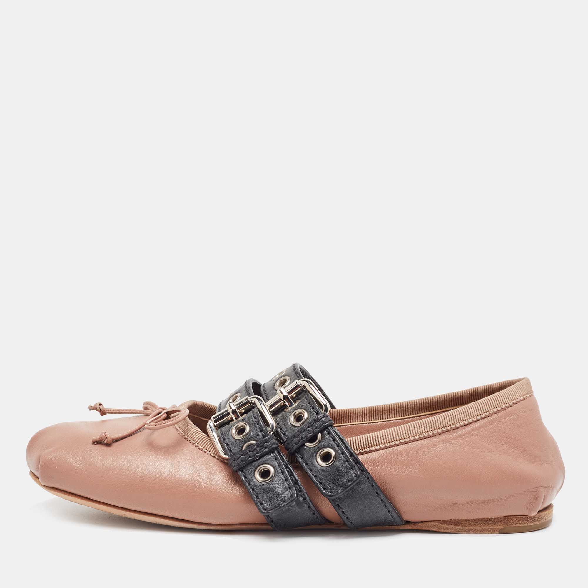 Miu Miu Dusty Pink and Black Leather Buckle Detail Bow Ballet Flats Size 36