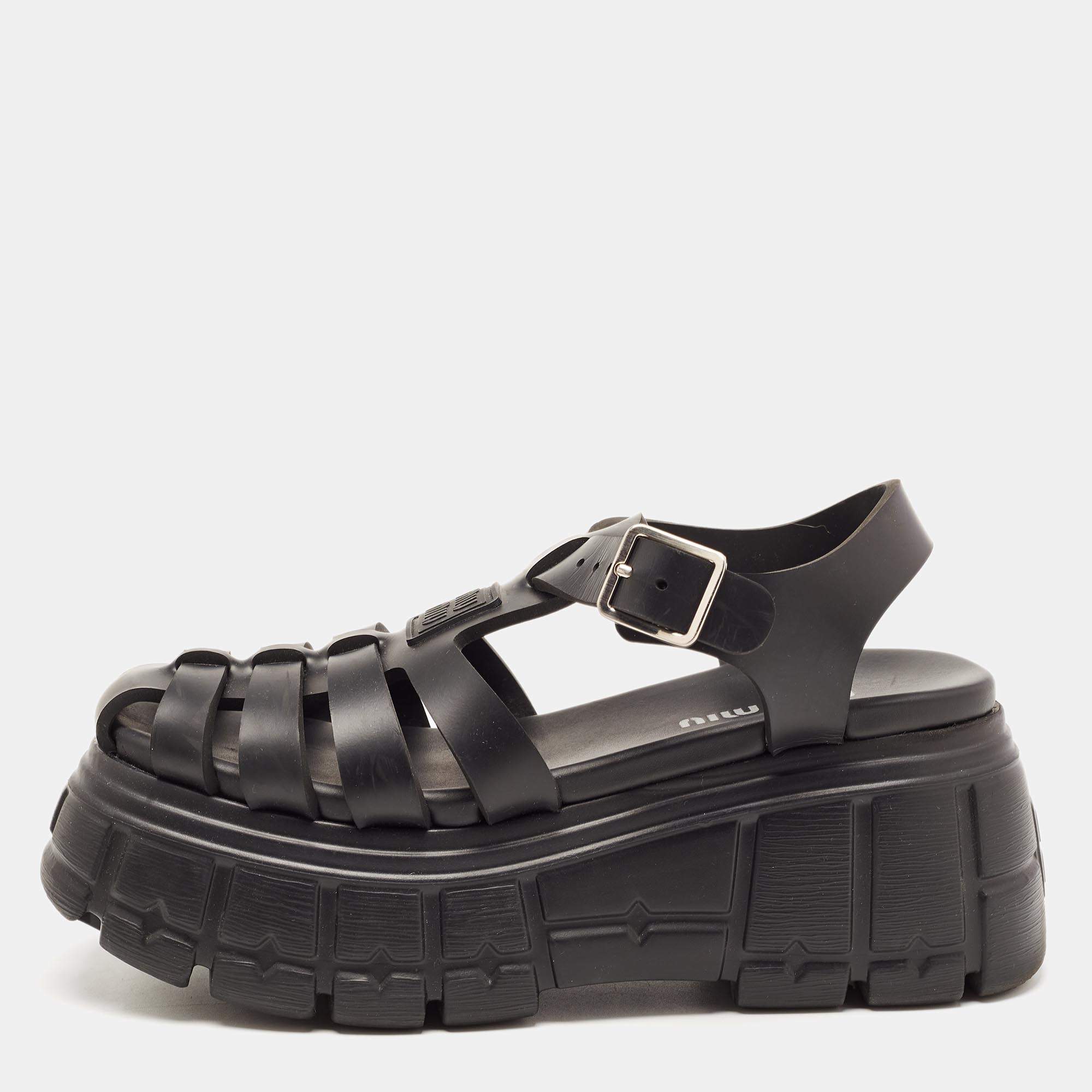 مملوكة مس بقًا Miu Miu Black Rubber Eva Platform Sandals Size 38