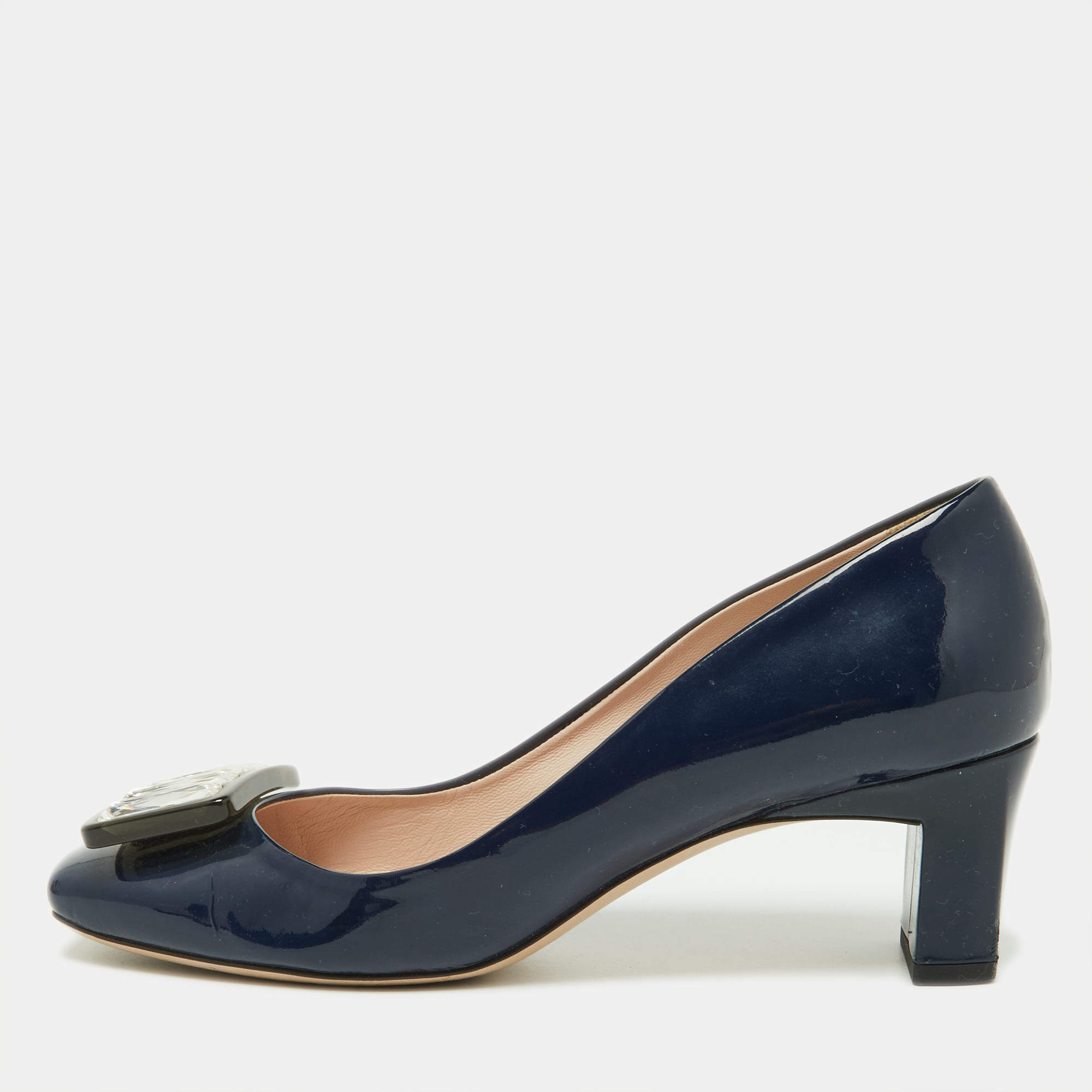 Miu Miu Blue Patent Leather Crystal Embellished Pumps Size 38