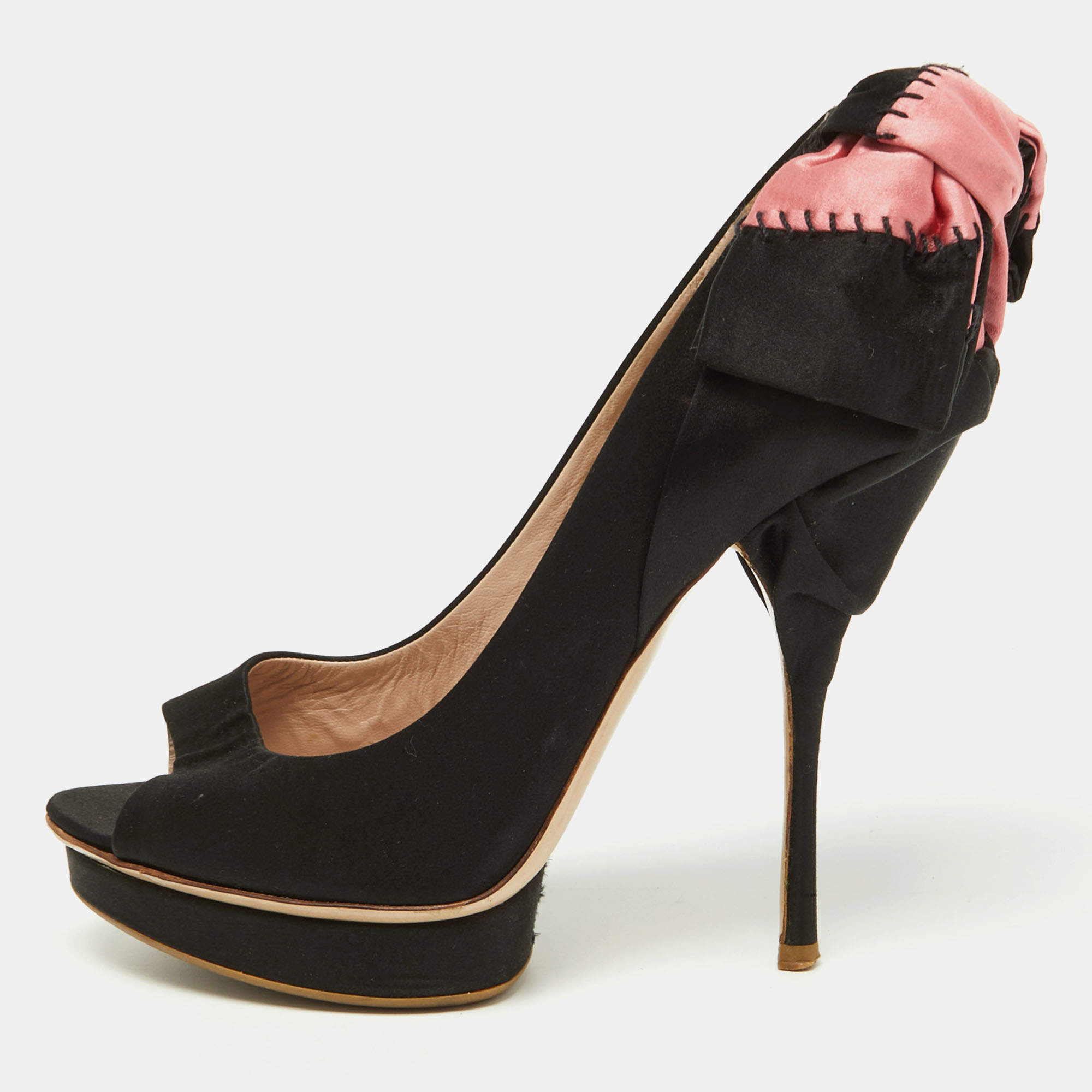 Miu Miu Black/Pink Satin Bow Peep Toe Pumps Size 38.5