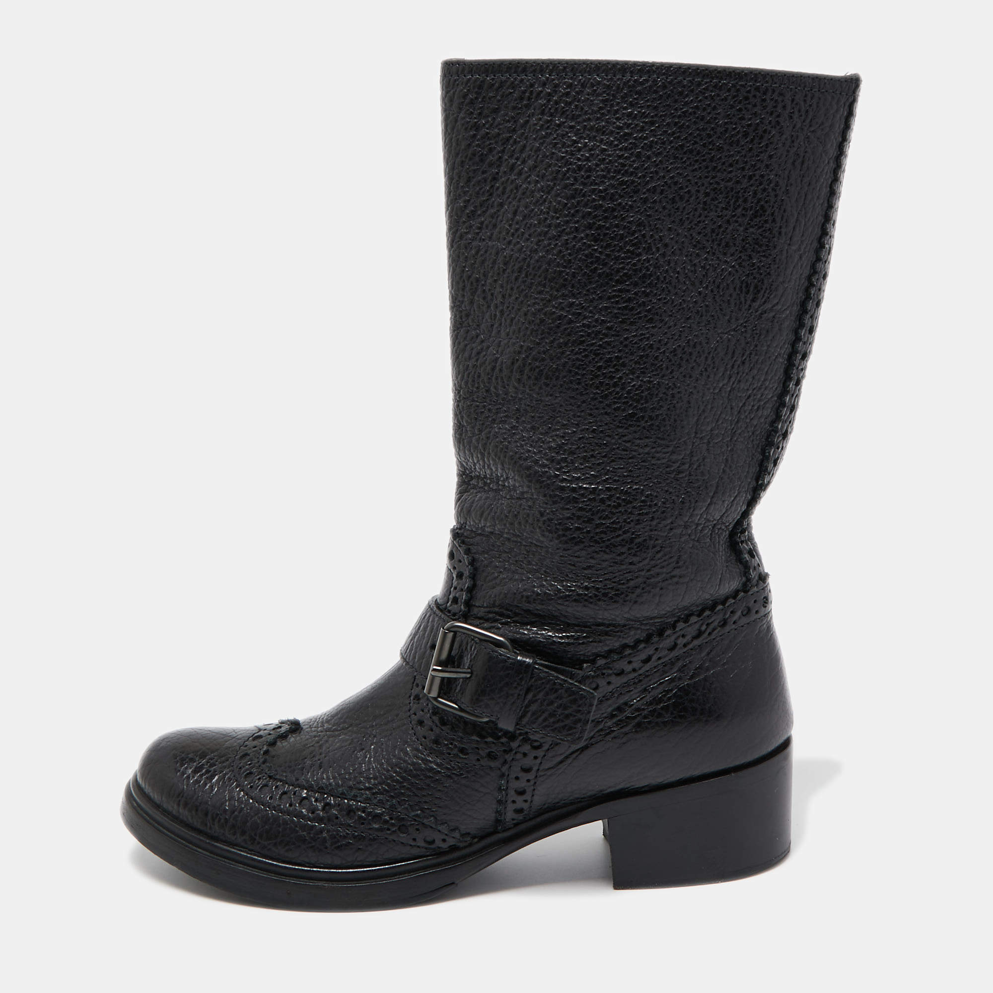 Miu Miu Black Brogue Leather Buckle Detail Mid Calf Boots Size 38.5
