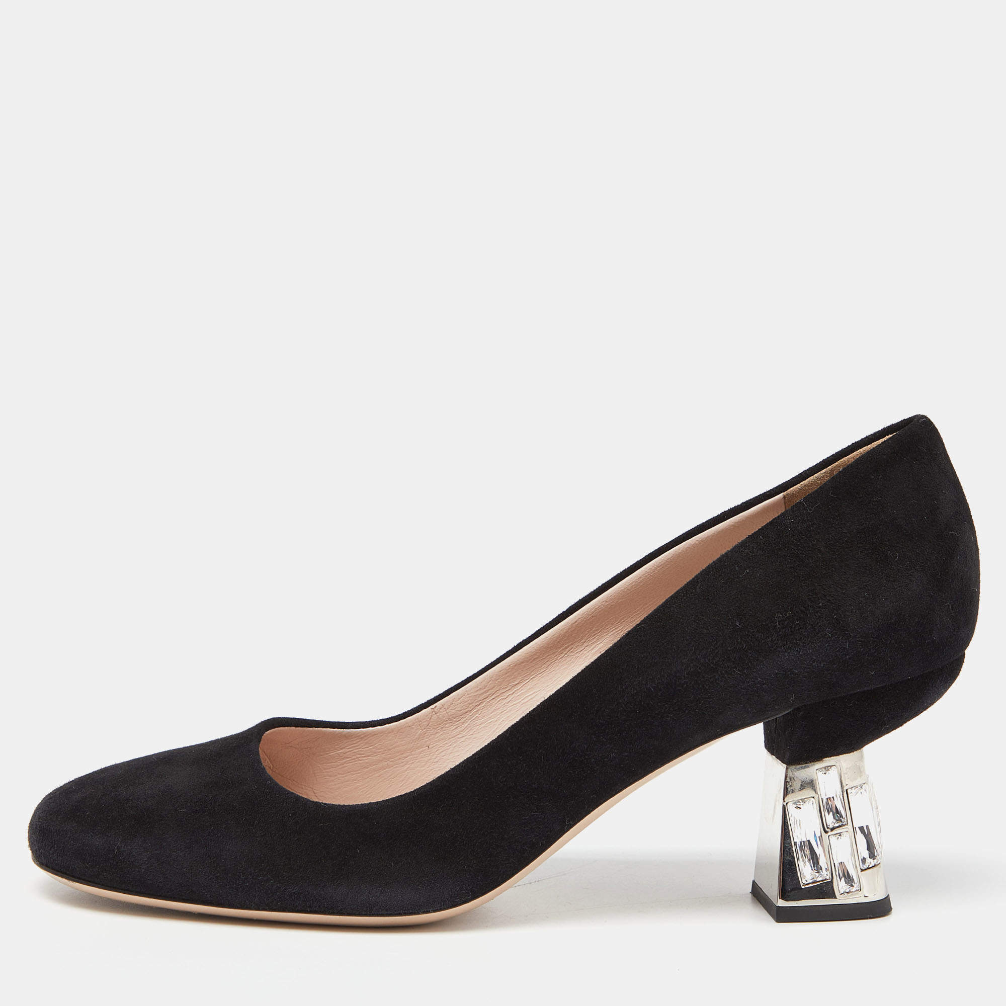 Miu Miu Black Suede Crystal Embellished Block Heel Pumps Size 38