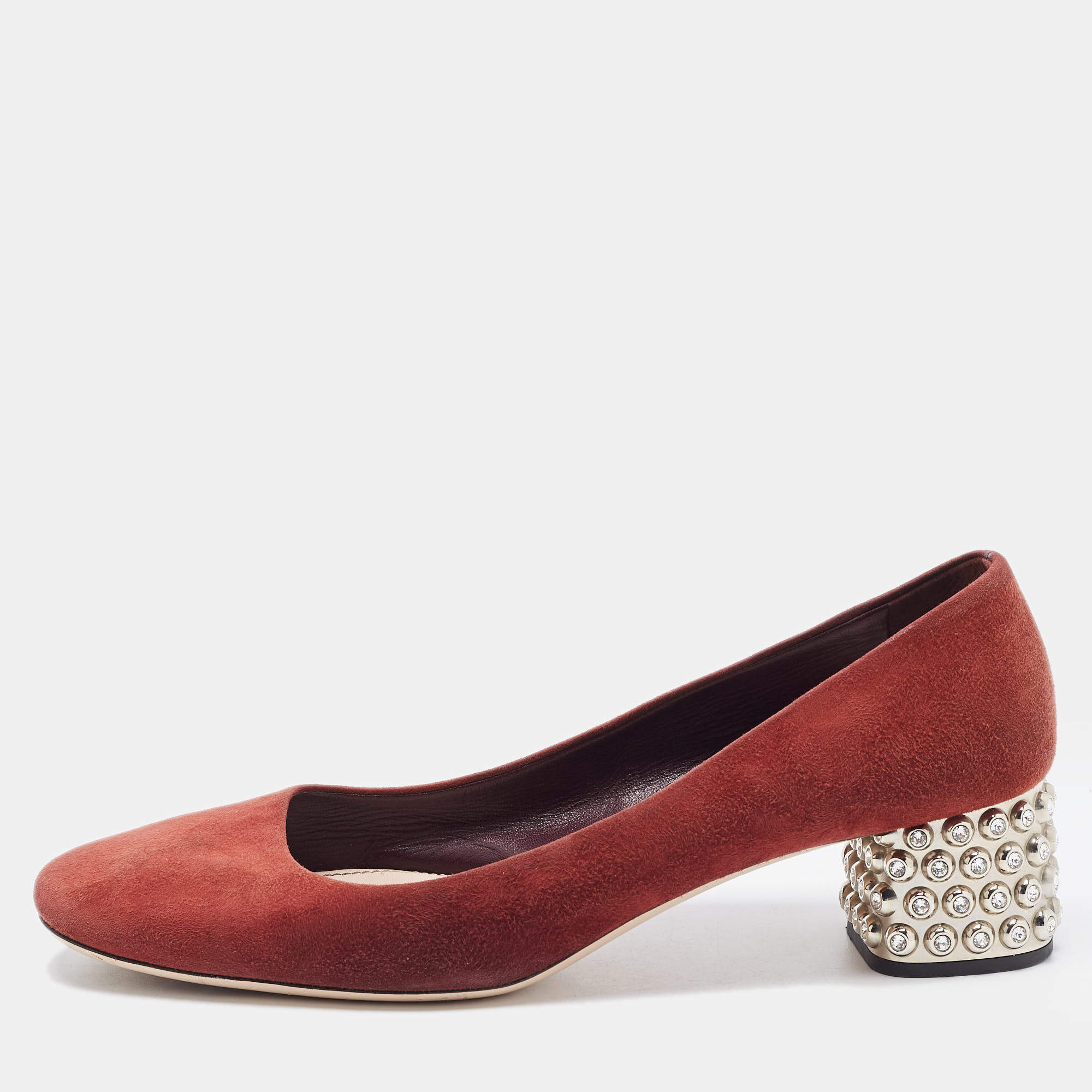 Miu Miu Burgundy Suede Crystal Embellished Block Heel Pumps Size 41