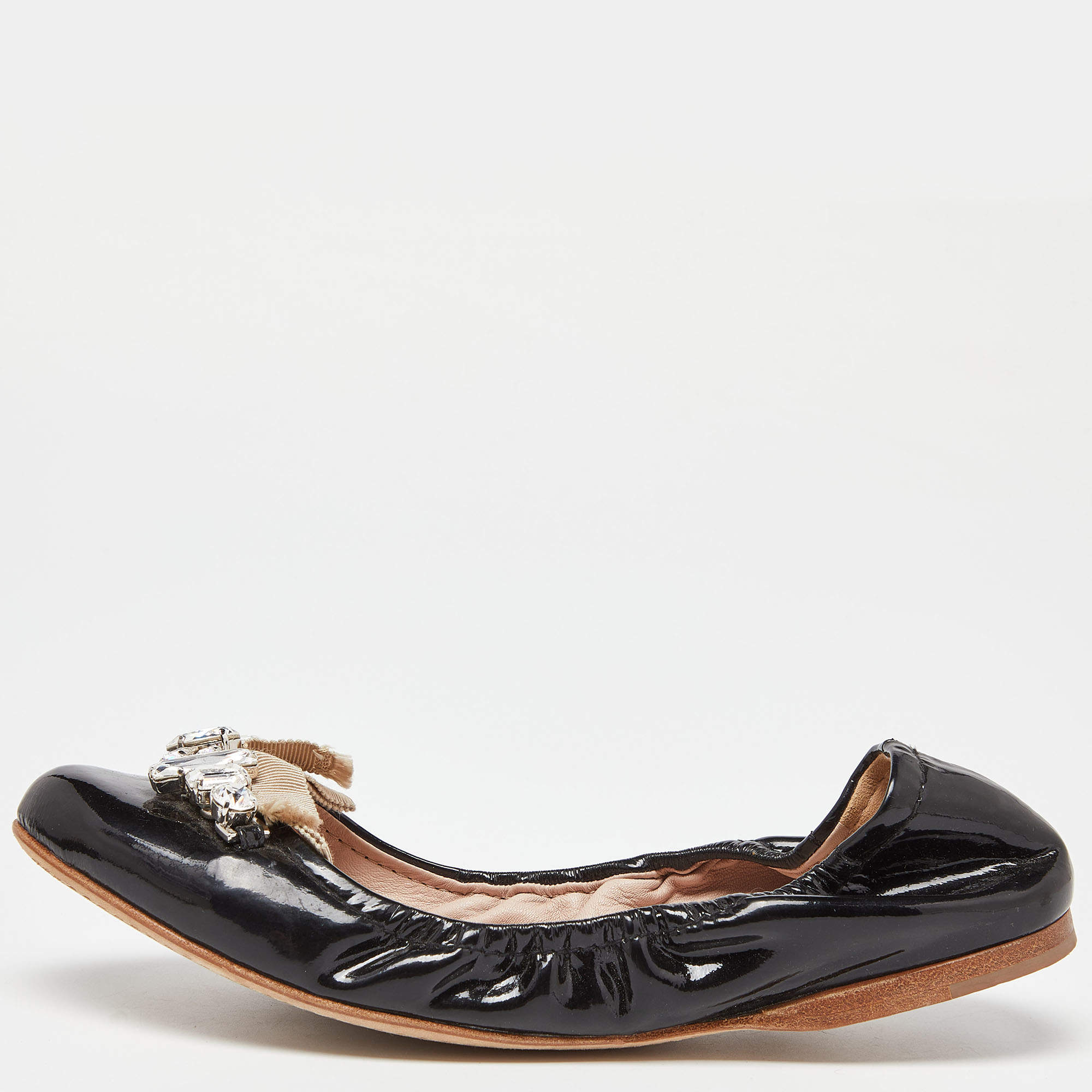 Miu Miu Black Patent Leathre Crystals Embellished Scrunch Ballet Flats Size 38